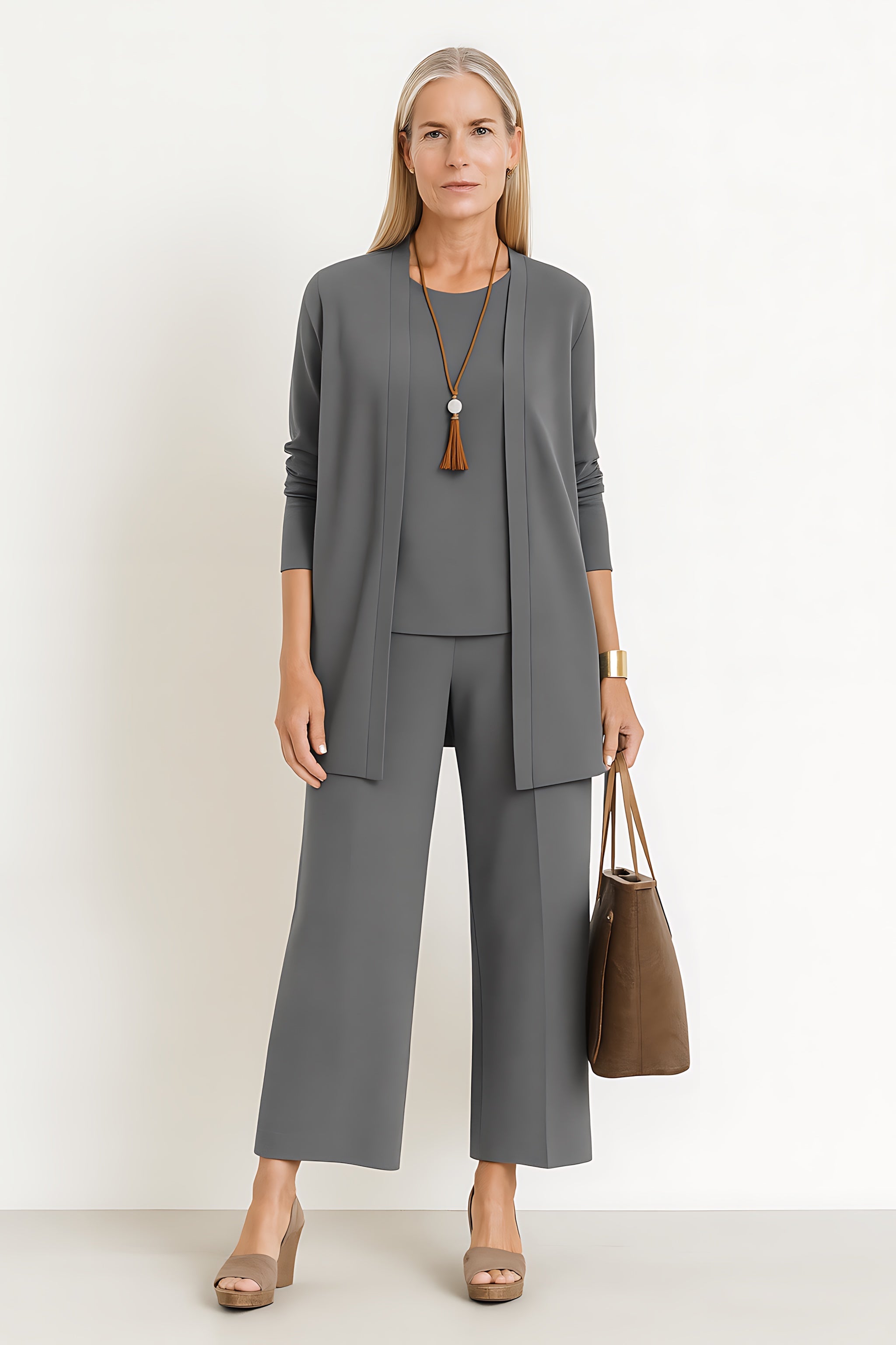 Brianna – Three Piece Cardigan Tank Top And Wide Leg Pants Set