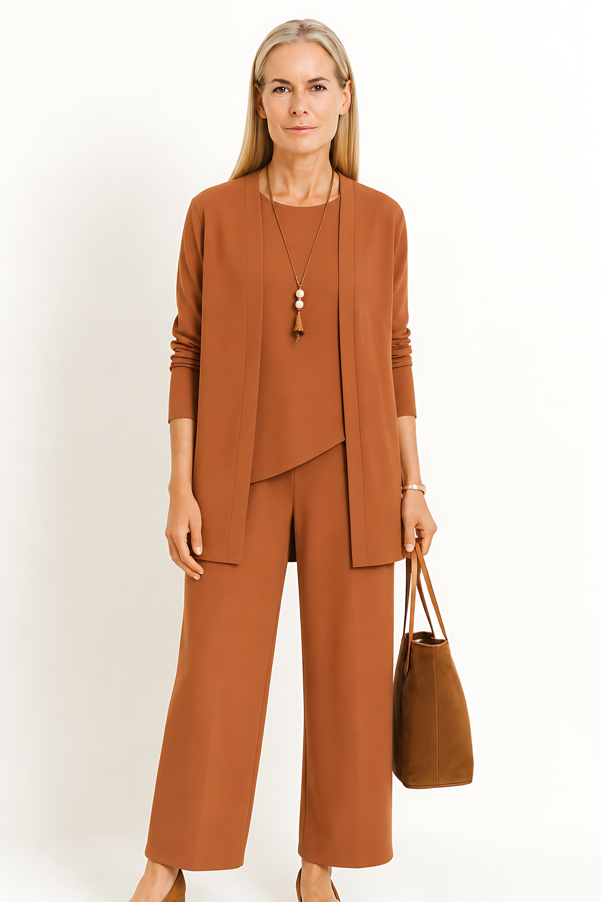 Brianna – Three Piece Cardigan Tank Top And Wide Leg Pants Set