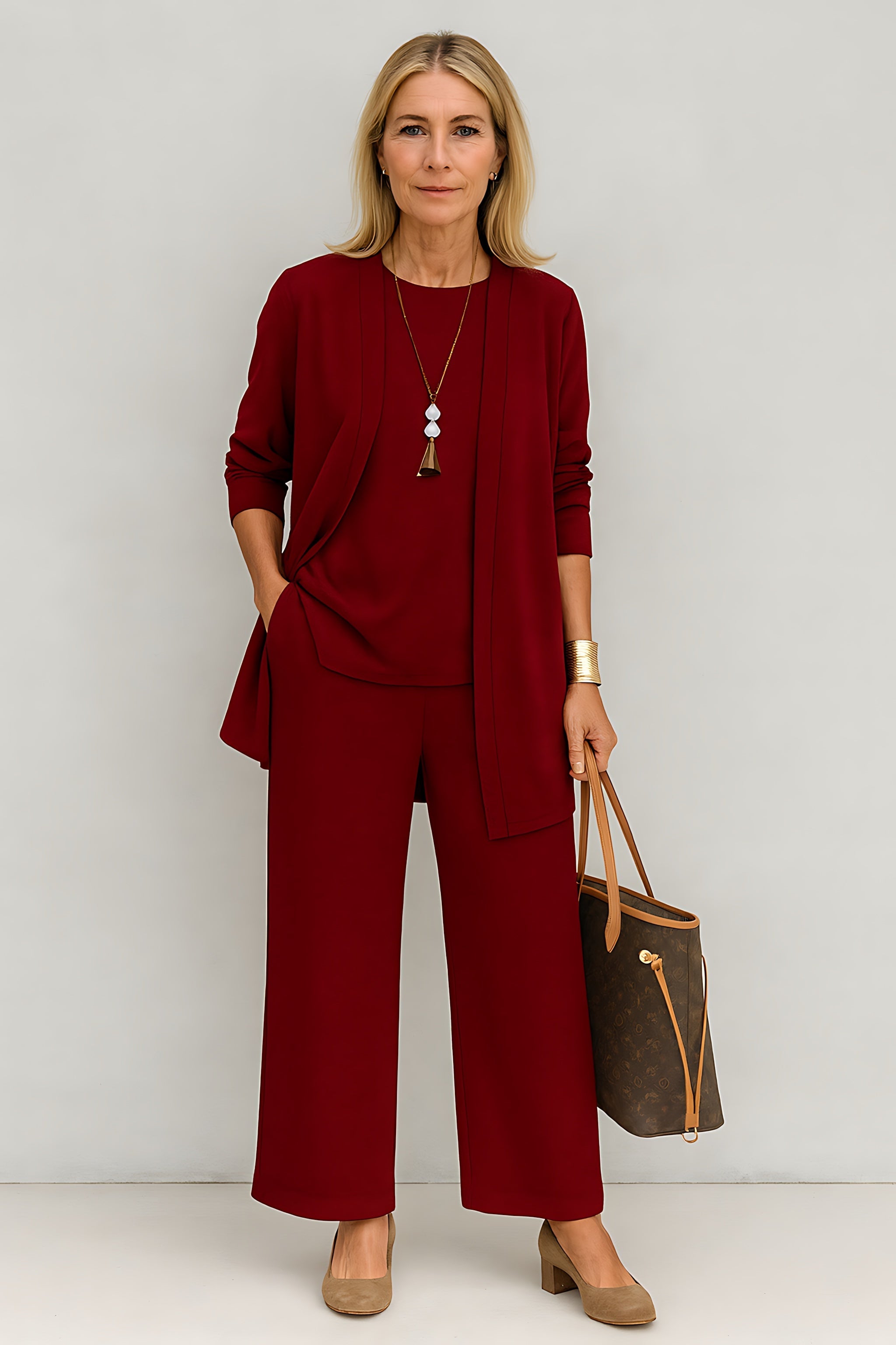 Brianna – Three Piece Cardigan Tank Top And Wide Leg Pants Set