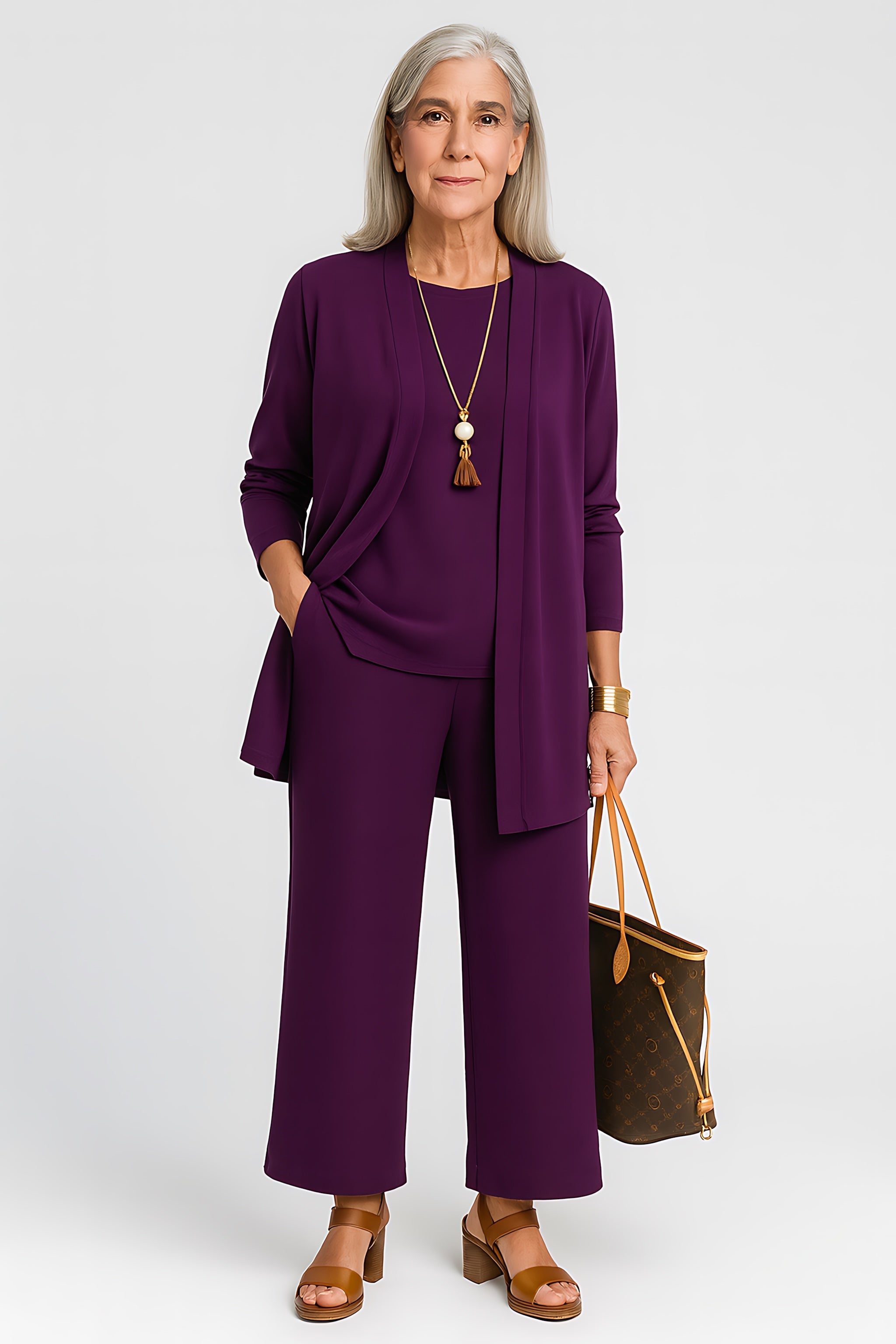 Brianna – Three Piece Cardigan Tank Top And Wide Leg Pants Set