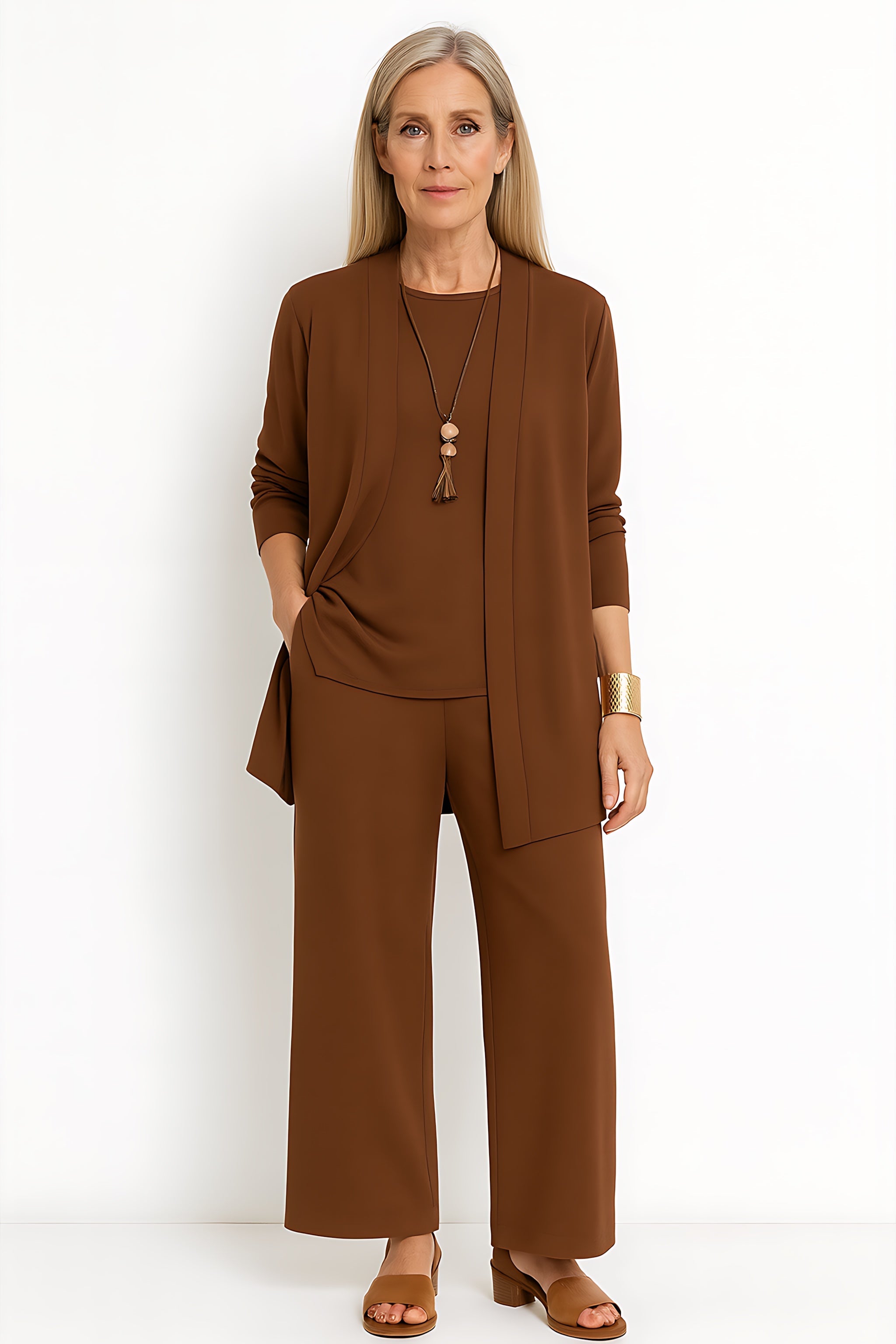 Brianna – Three Piece Cardigan Tank Top And Wide Leg Pants Set