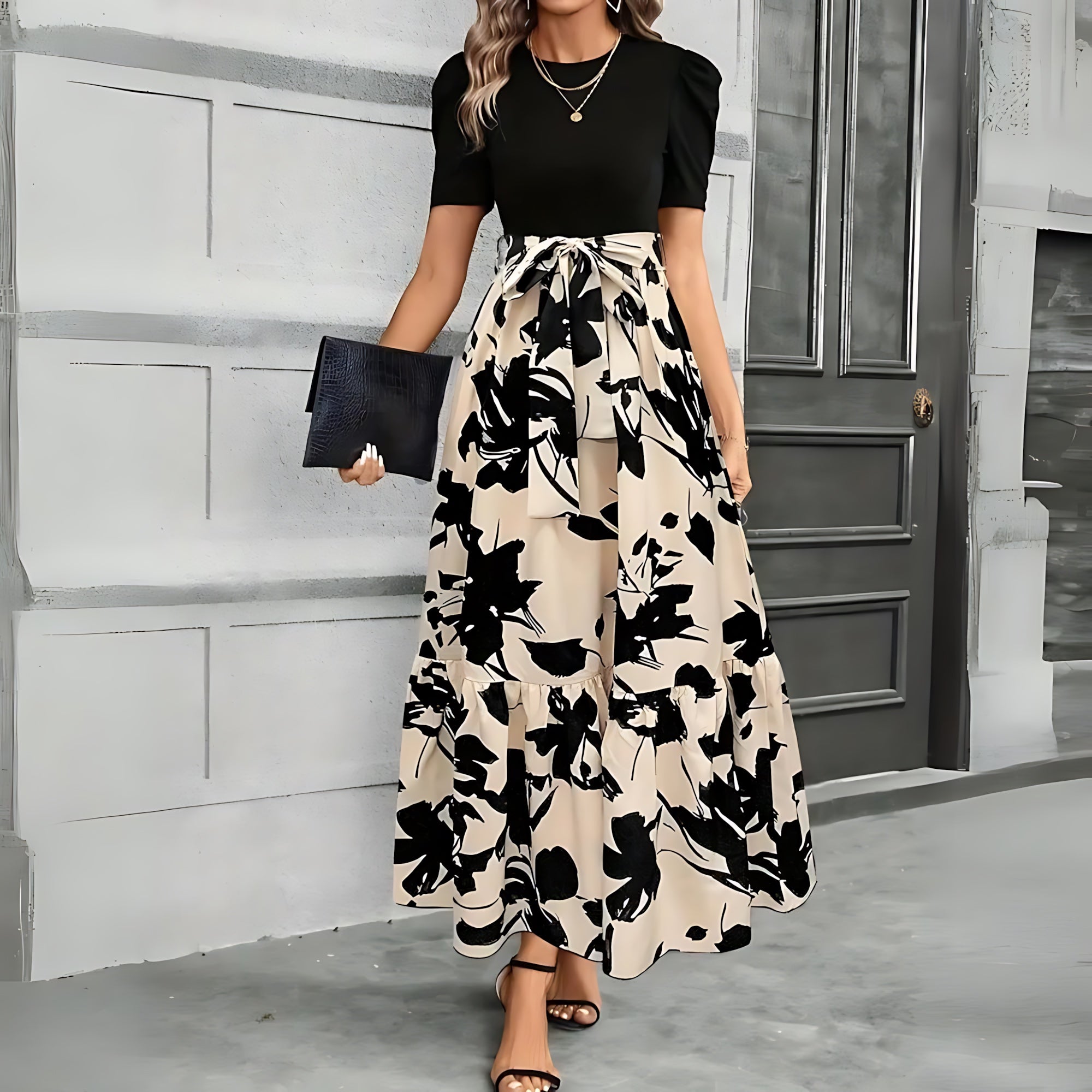 Brielle – Floral Puff Sleeve Fit And Flare Maxi Dress