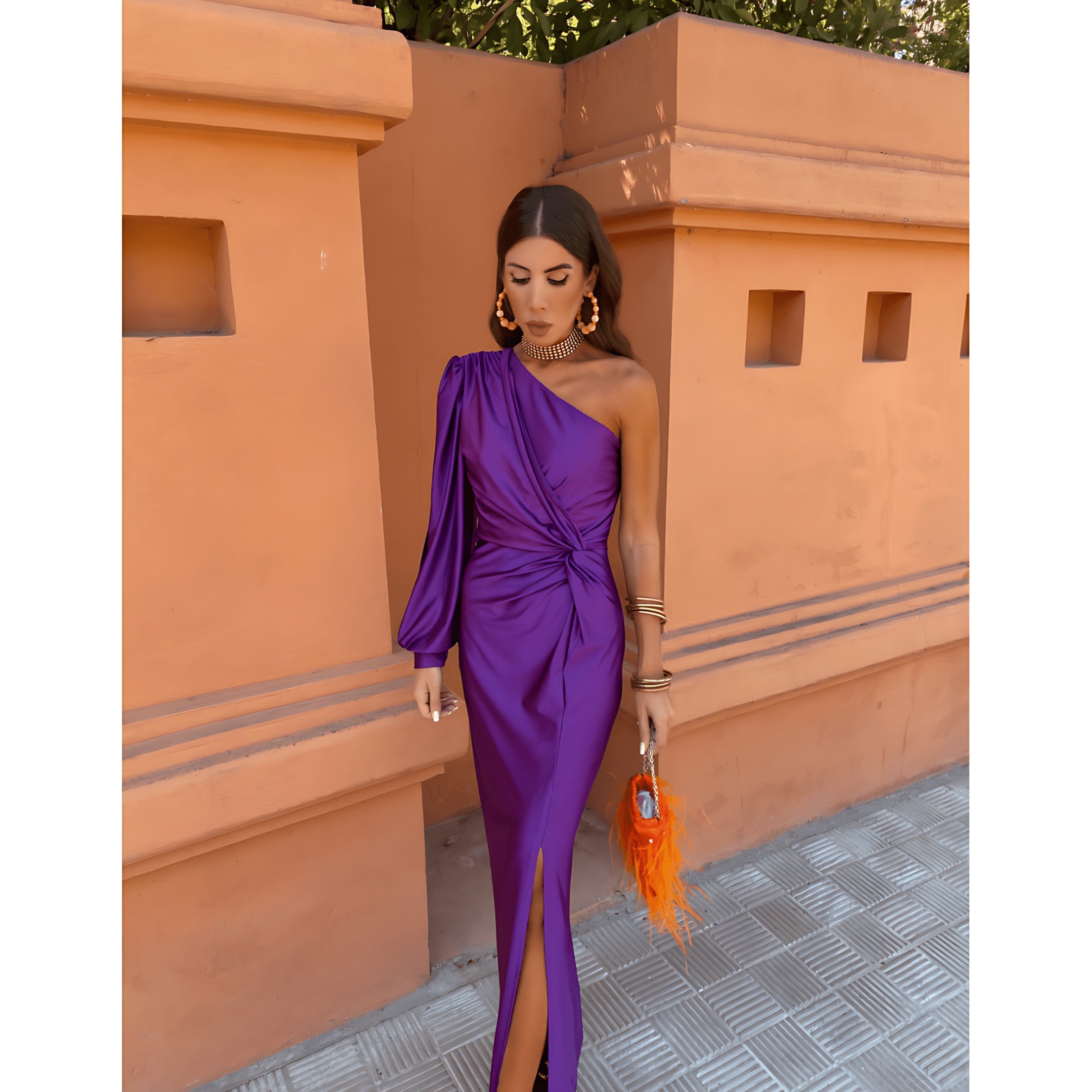 Brielle – Satin One Shoulder Slit Evening Midi Dress