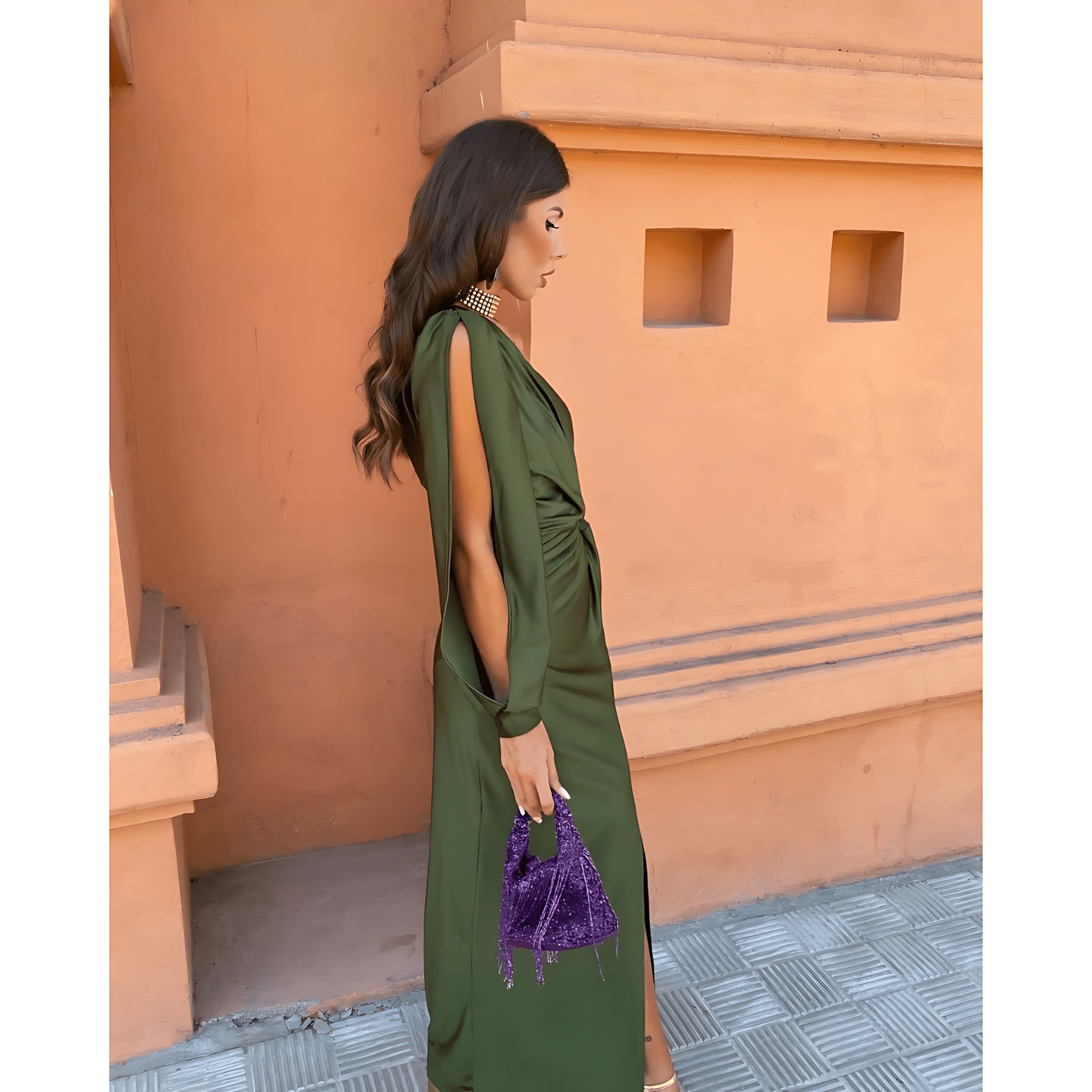 Brielle – Satin One Shoulder Slit Evening Midi Dress