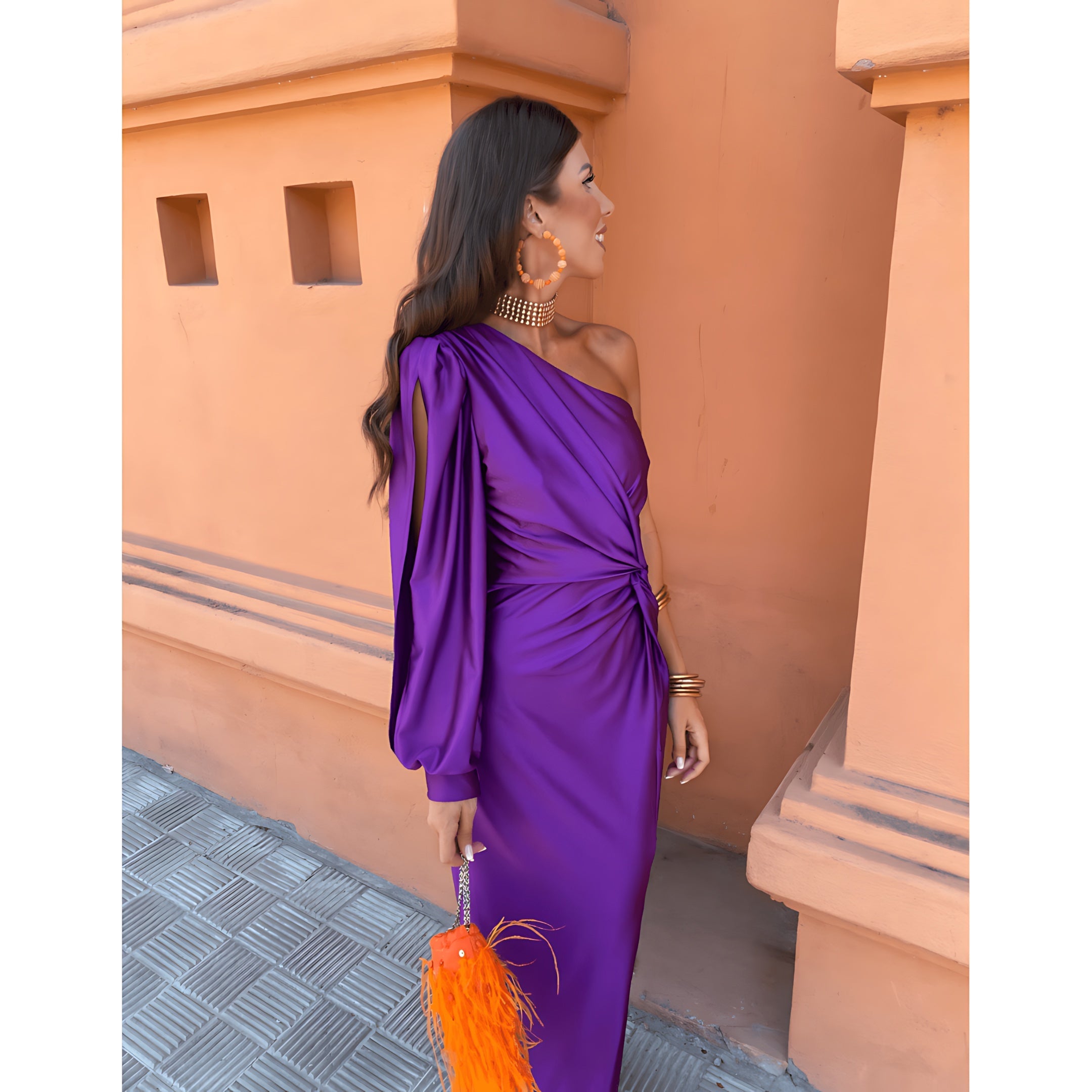 Brielle – Satin One Shoulder Slit Evening Midi Dress