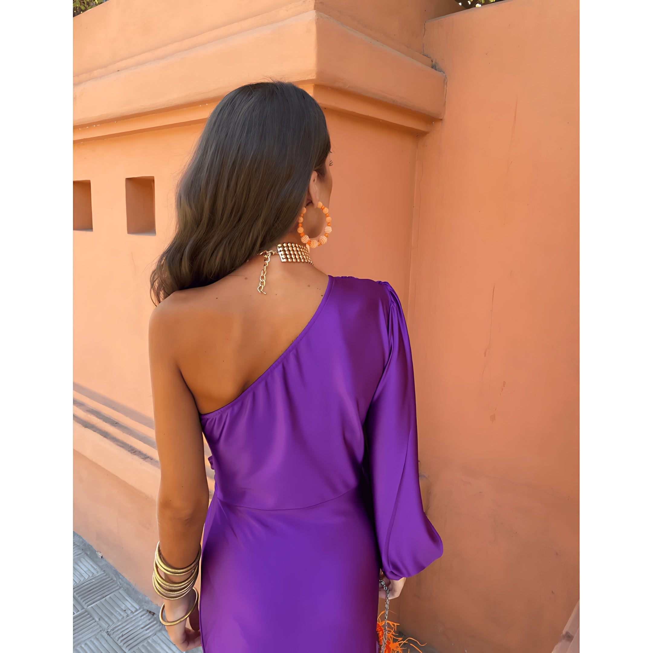 Brielle – Satin One Shoulder Slit Evening Midi Dress