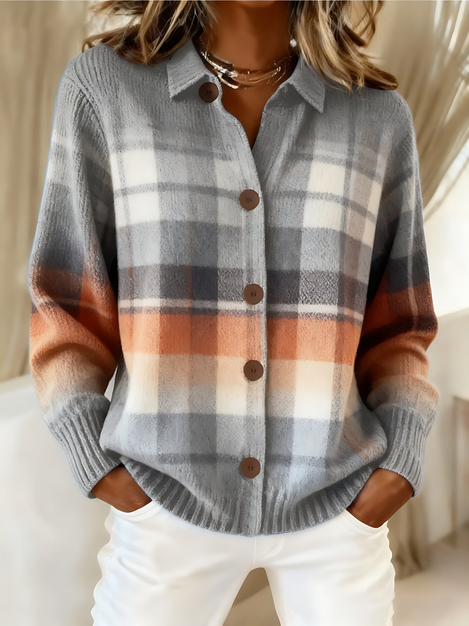 Brooke – Plaid Print Button Up Knit Cardigan