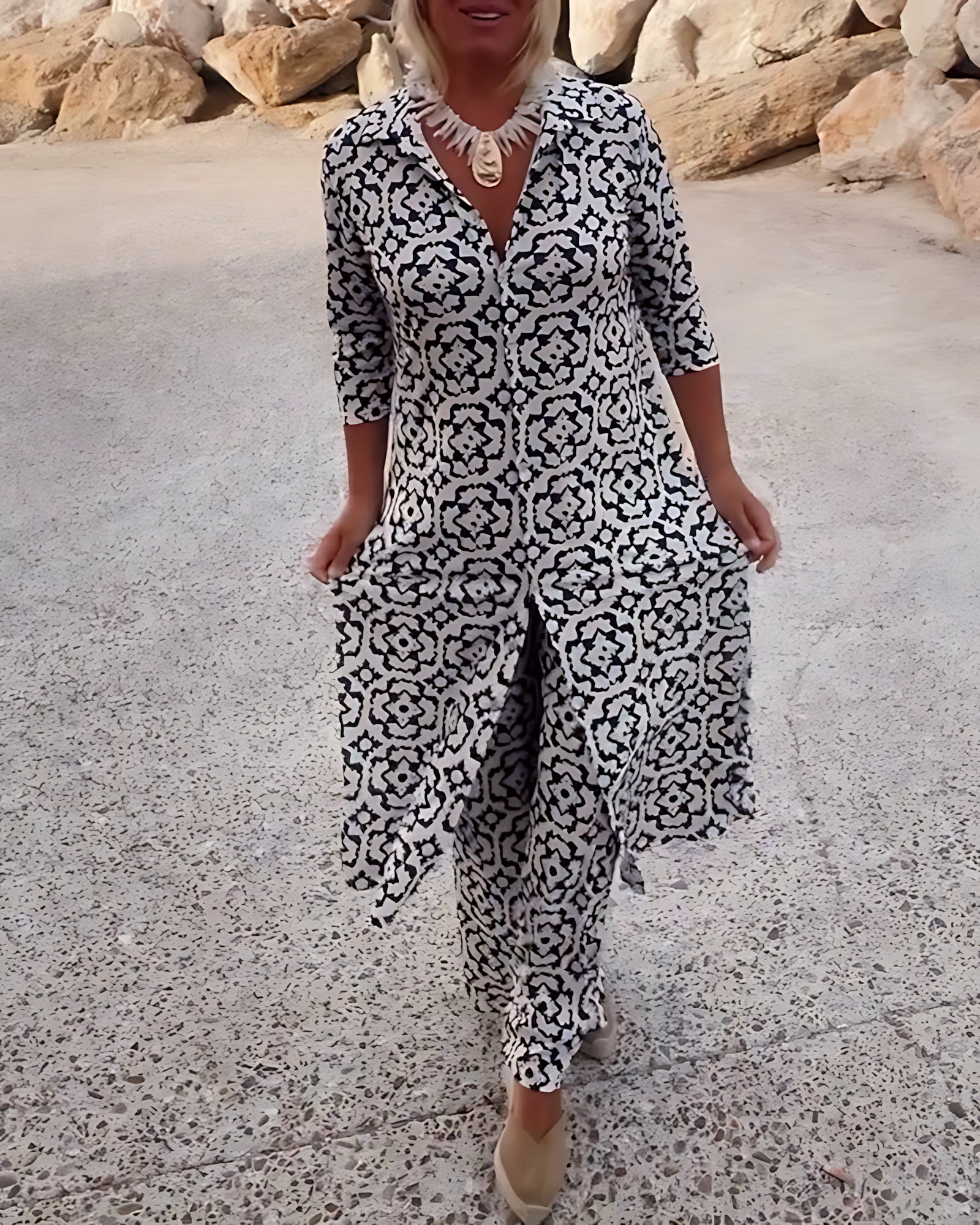 Brooke – Printed Longline Shirt and Straight Leg Pants Set