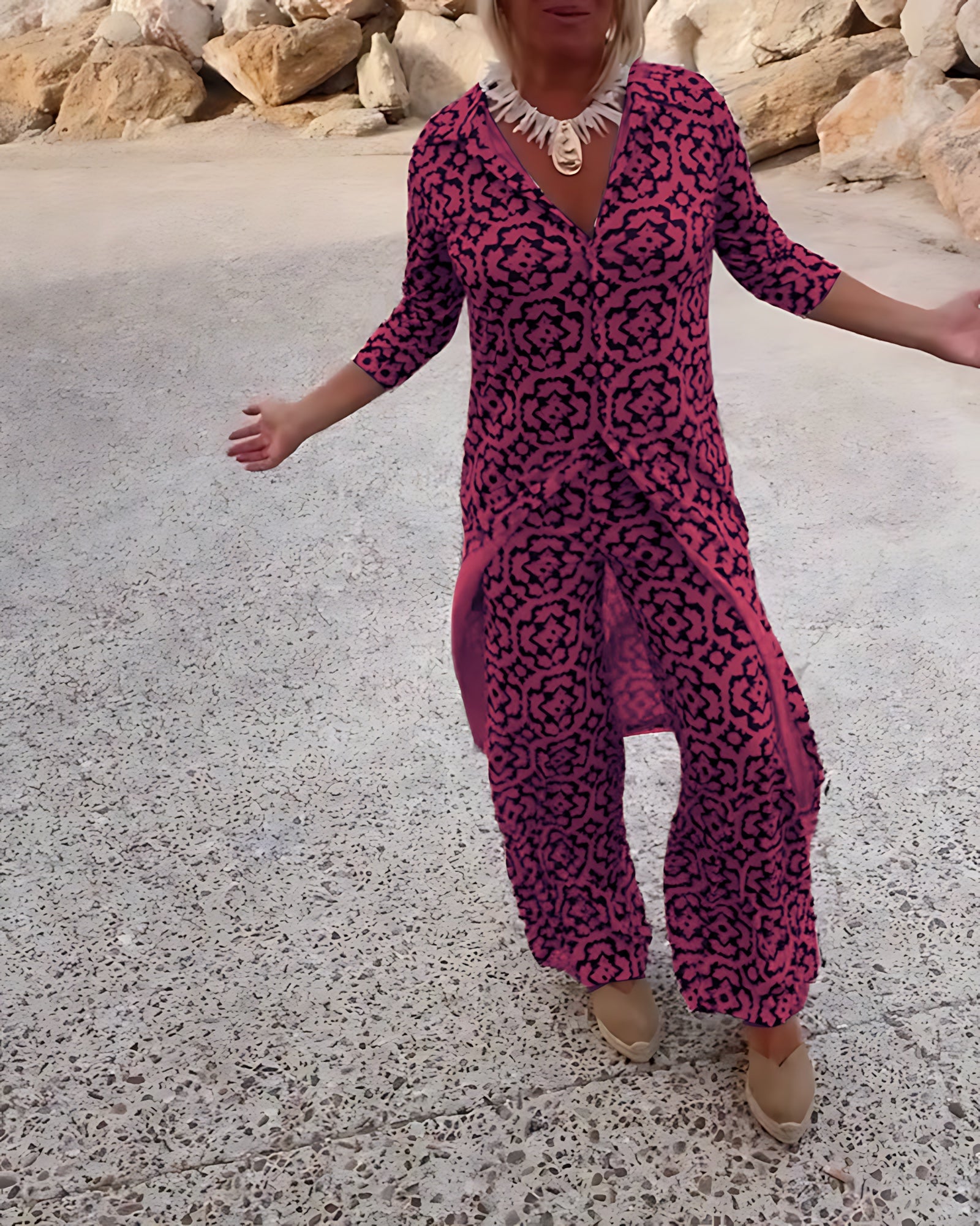 Brooke – Printed Longline Shirt and Straight Leg Pants Set