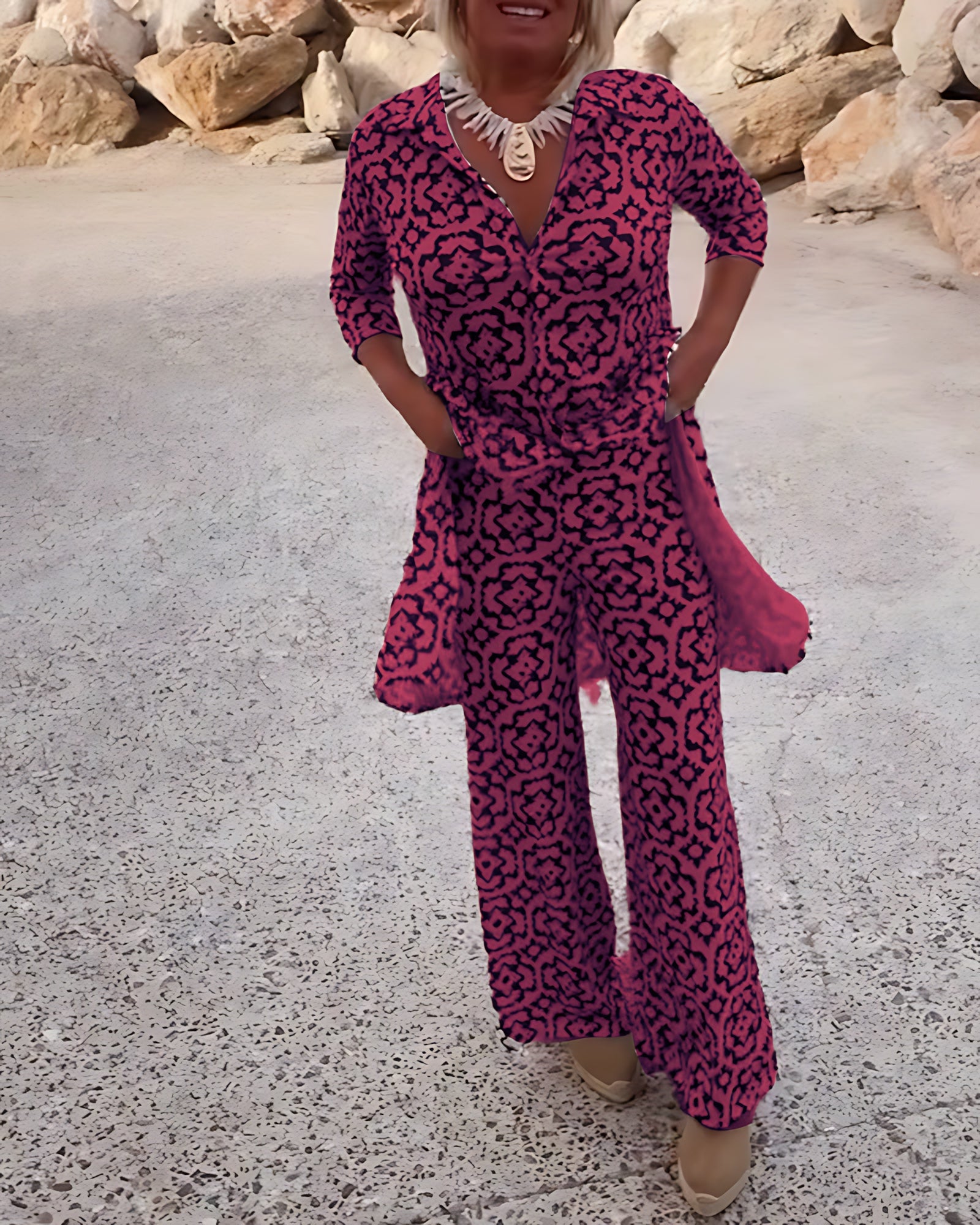 Brooke – Printed Longline Shirt and Straight Leg Pants Set