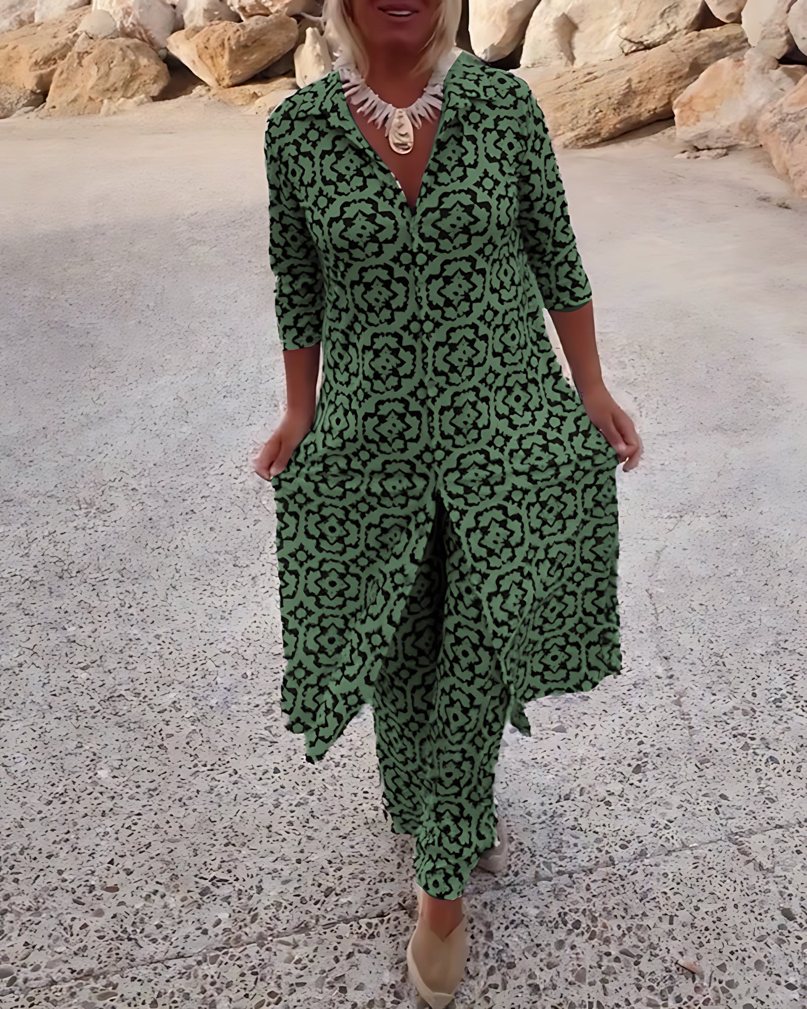 Brooke – Printed Longline Shirt and Straight Leg Pants Set