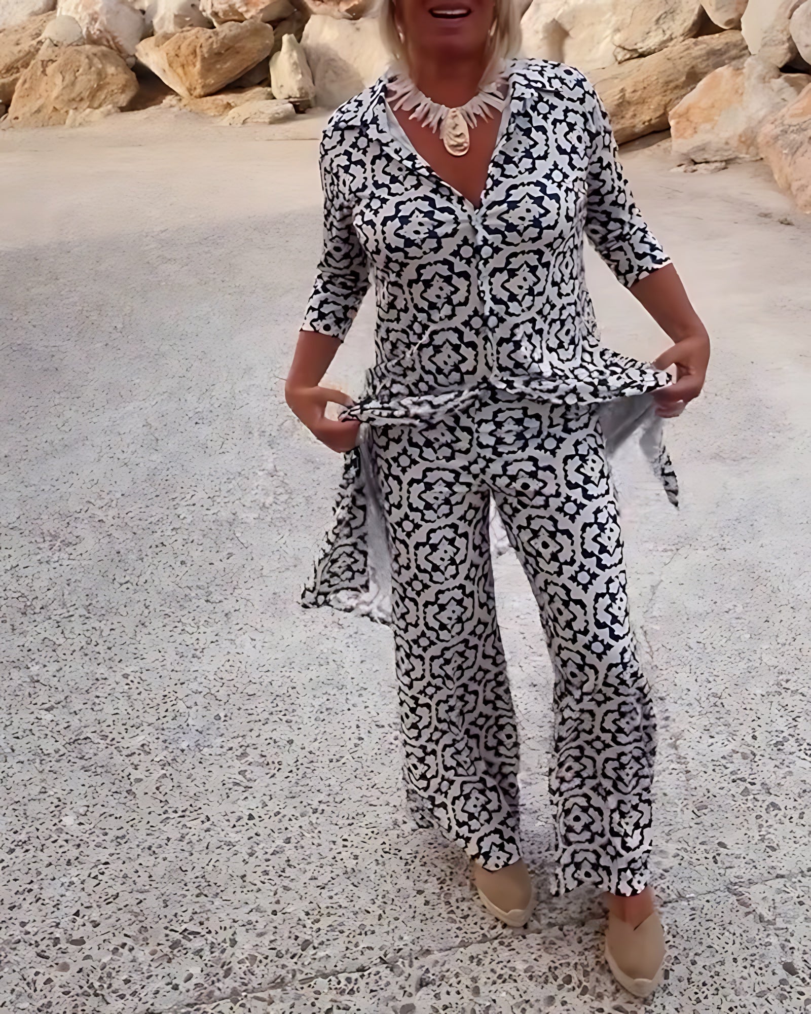 Brooke – Printed Longline Shirt and Straight Leg Pants Set