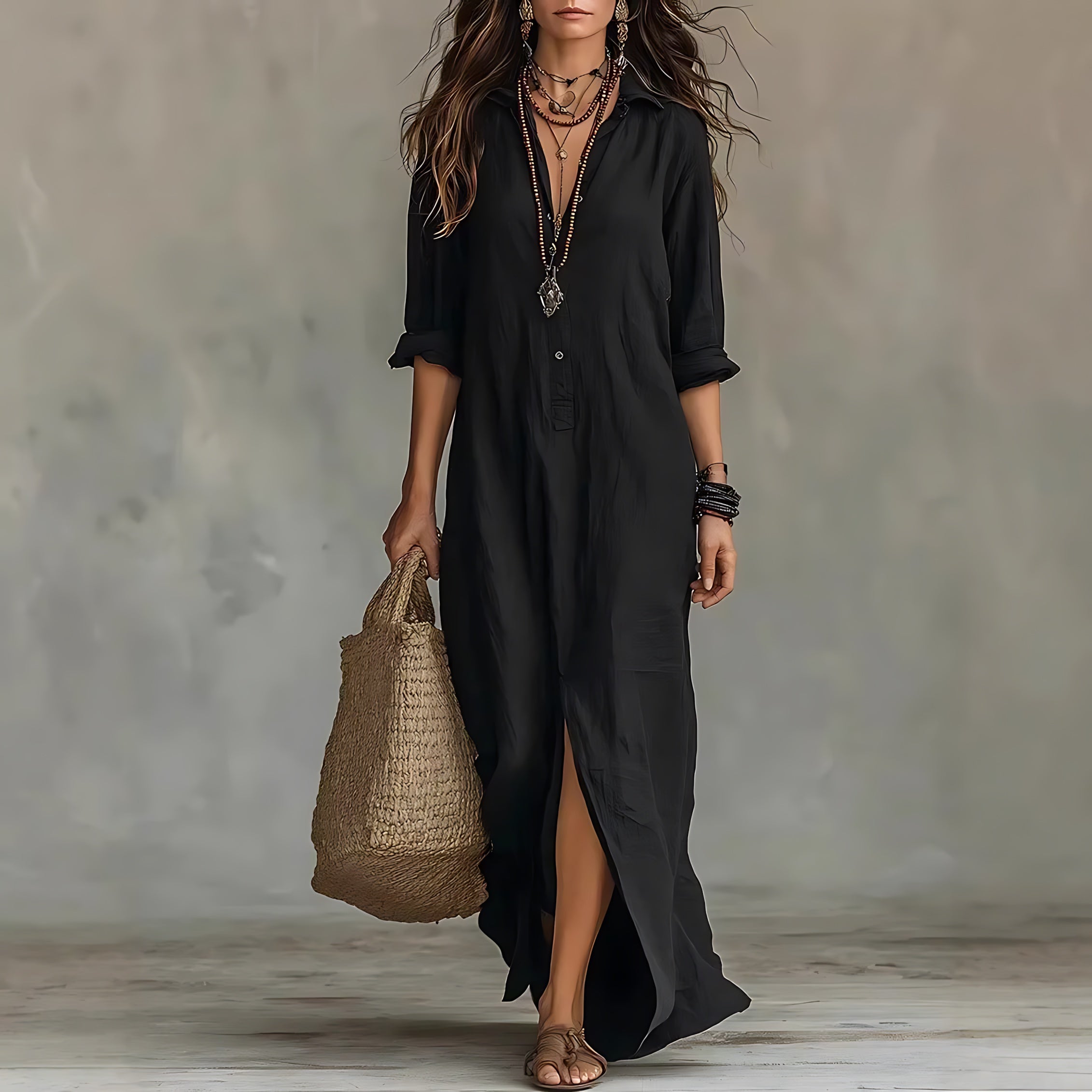 Brooklyn – Collared Three Quarter Sleeve Maxi Shirt Dress