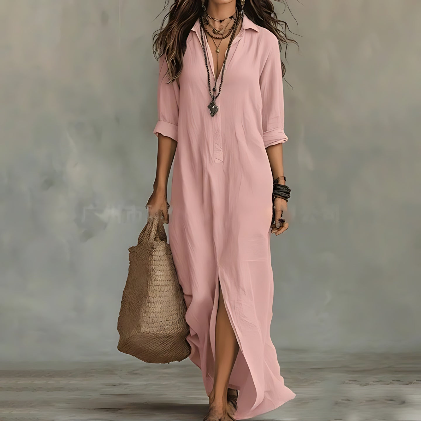 Brooklyn – Collared Three Quarter Sleeve Maxi Shirt Dress