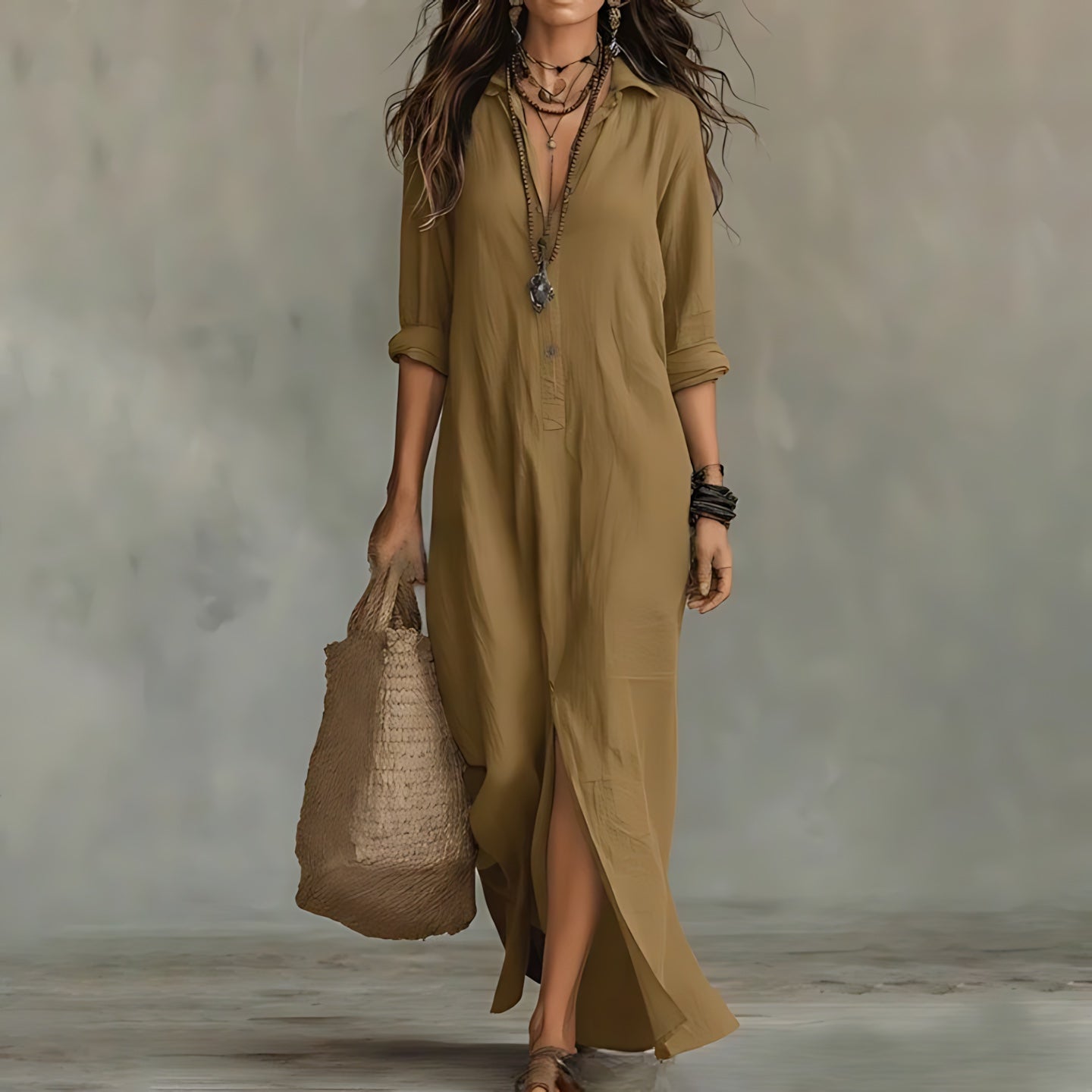 Brooklyn – Collared Three Quarter Sleeve Maxi Shirt Dress