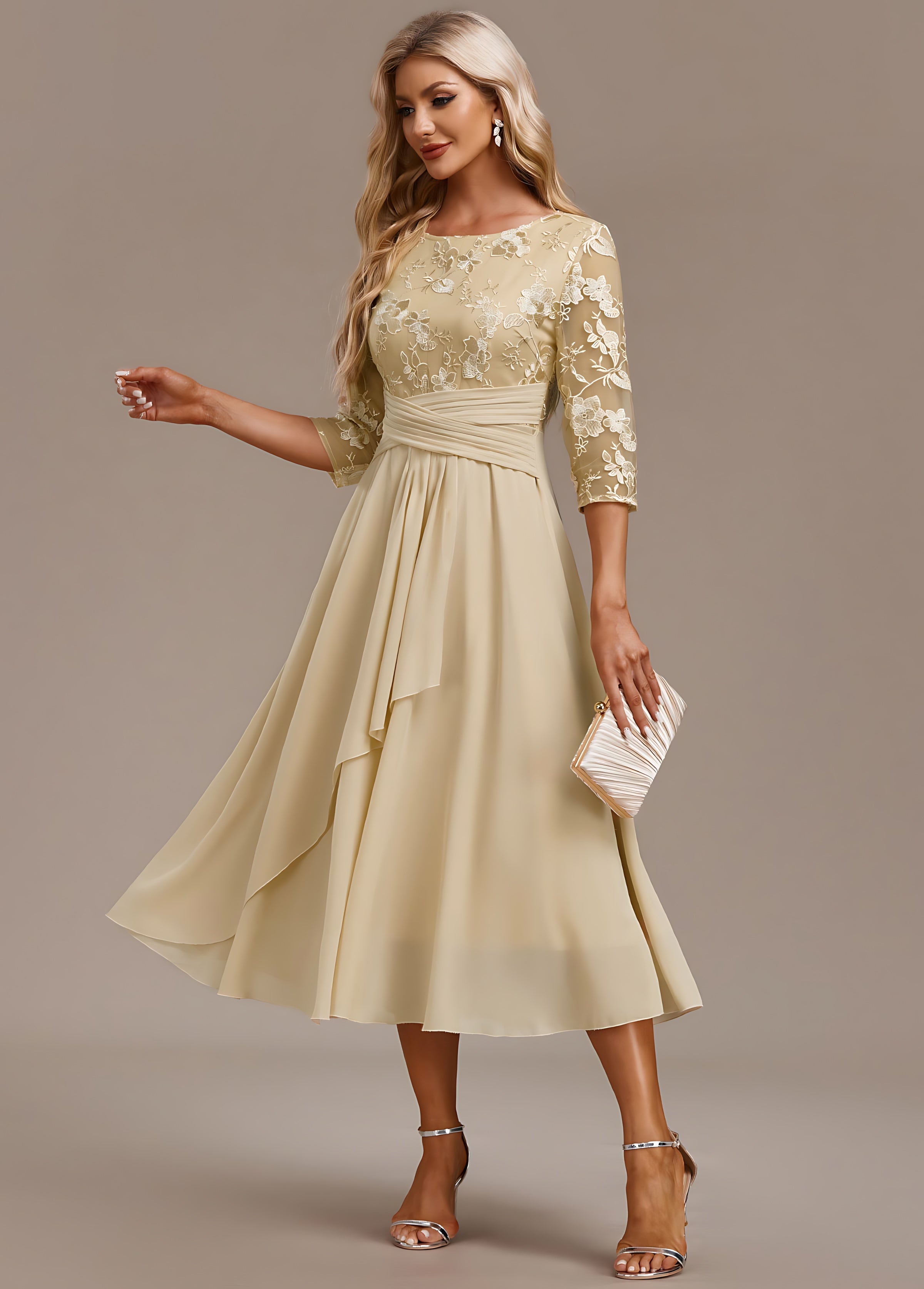 Brooklyn – Lace 3/4 Sleeve Wedding Guest Midi Dress