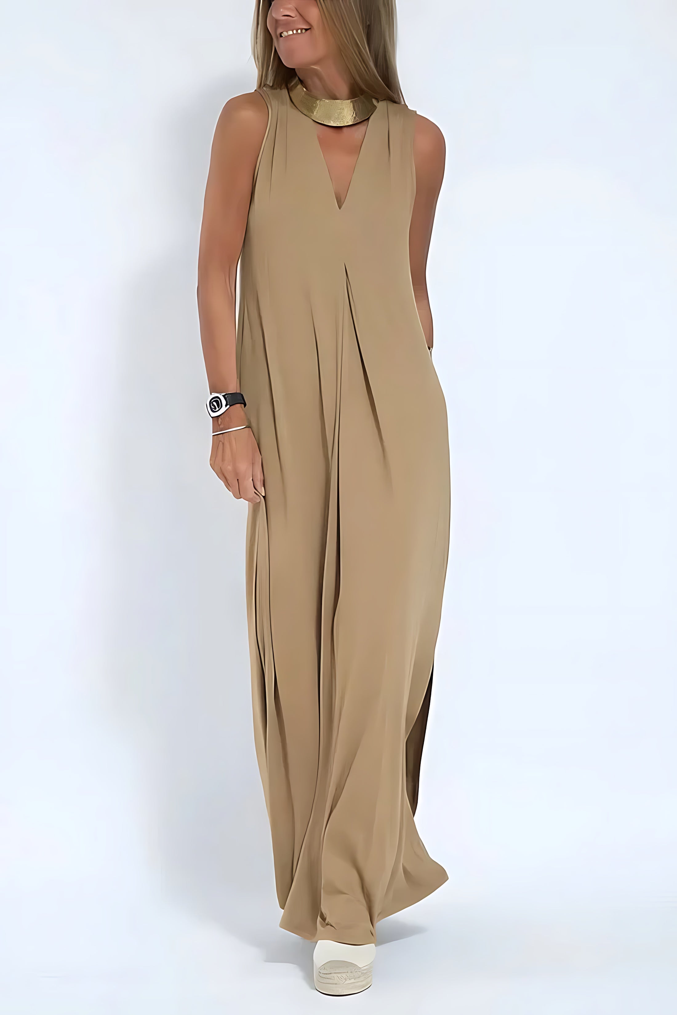 Brooklyn – V Neck Pleated A-Line Maxi Dress