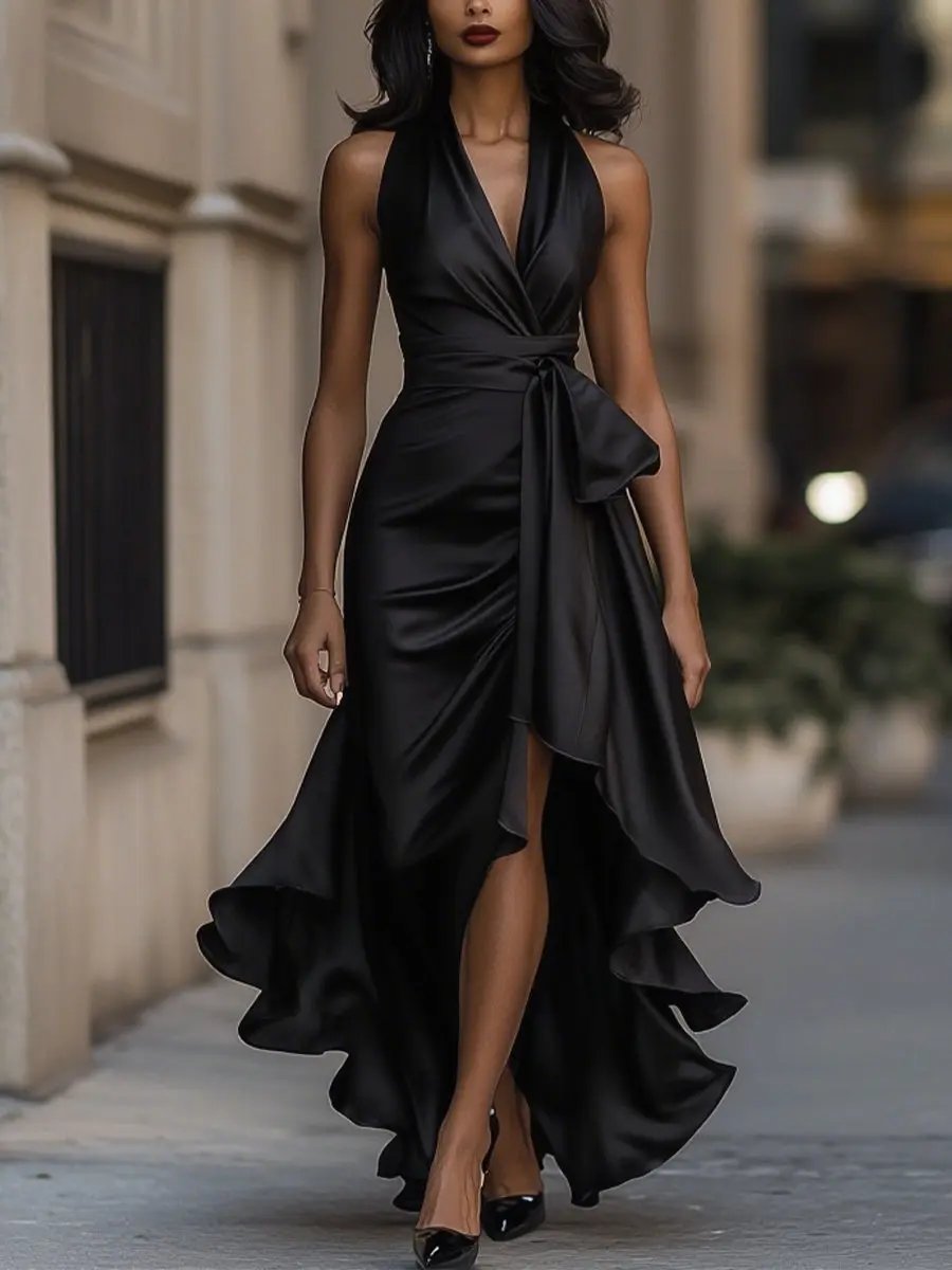 Lainey – Satin Halter Neck Wrap Wedding Guest Maxi Dress