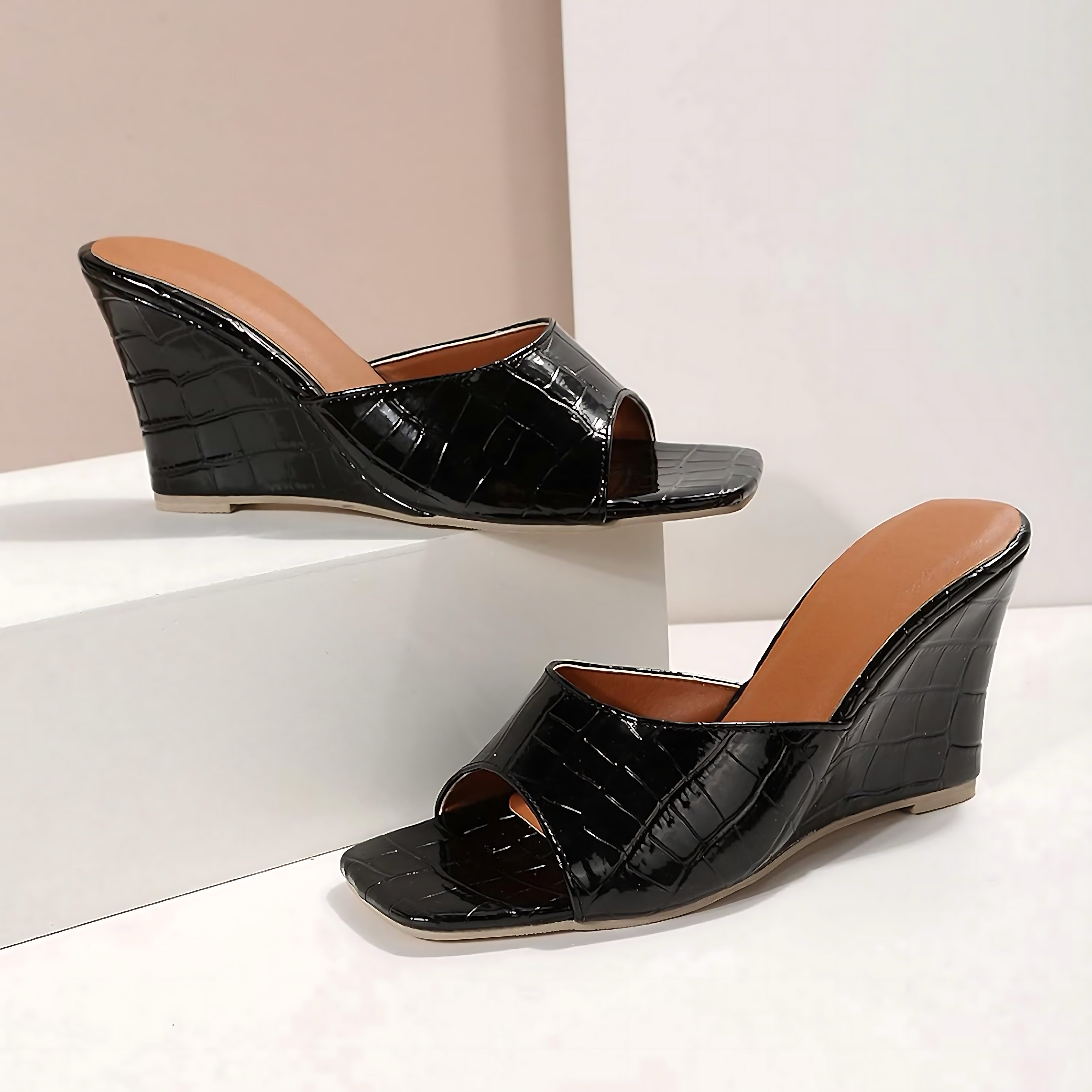 Camila – Croc Embossed Peep Toe Wedge Mules