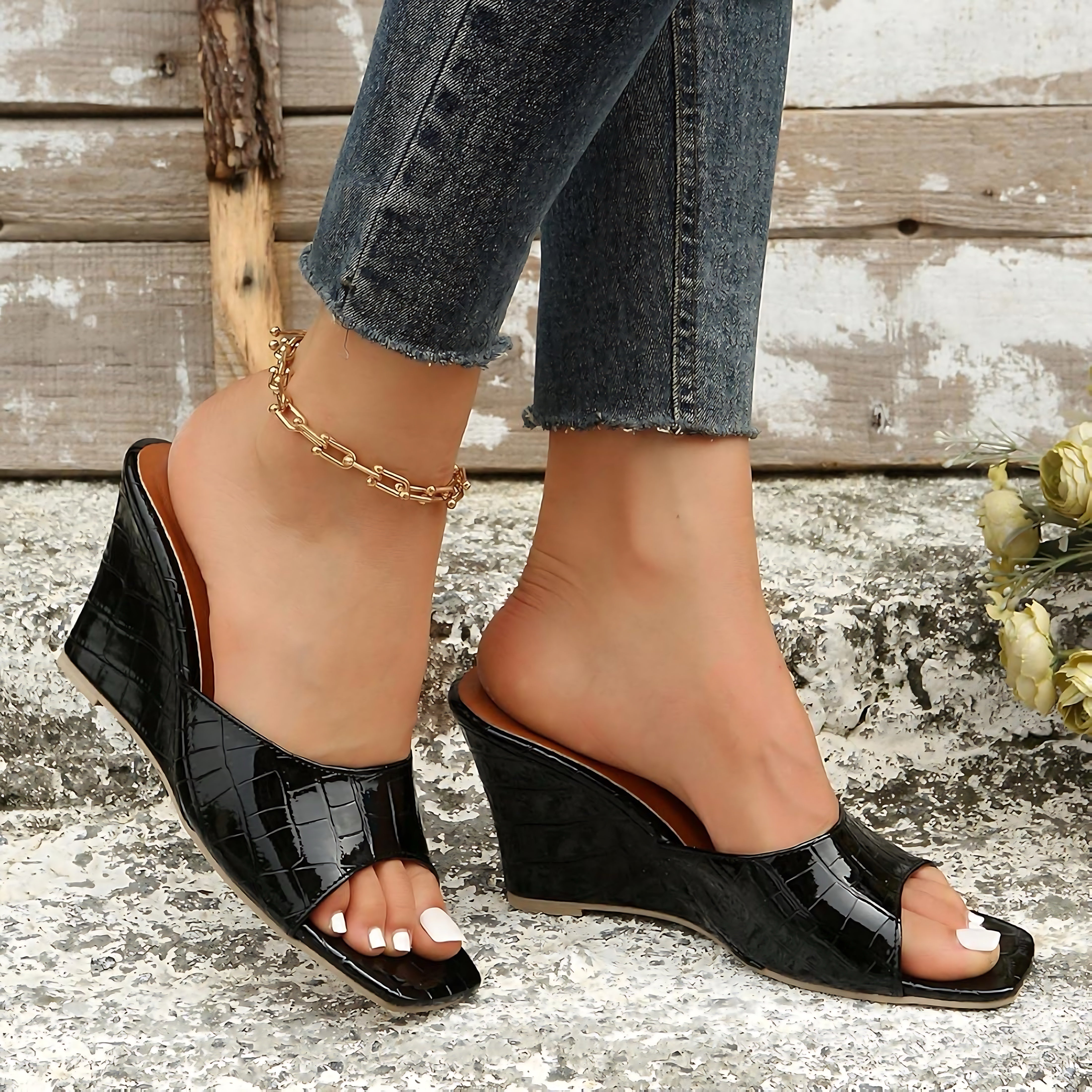 Camila – Croc Embossed Peep Toe Wedge Mules