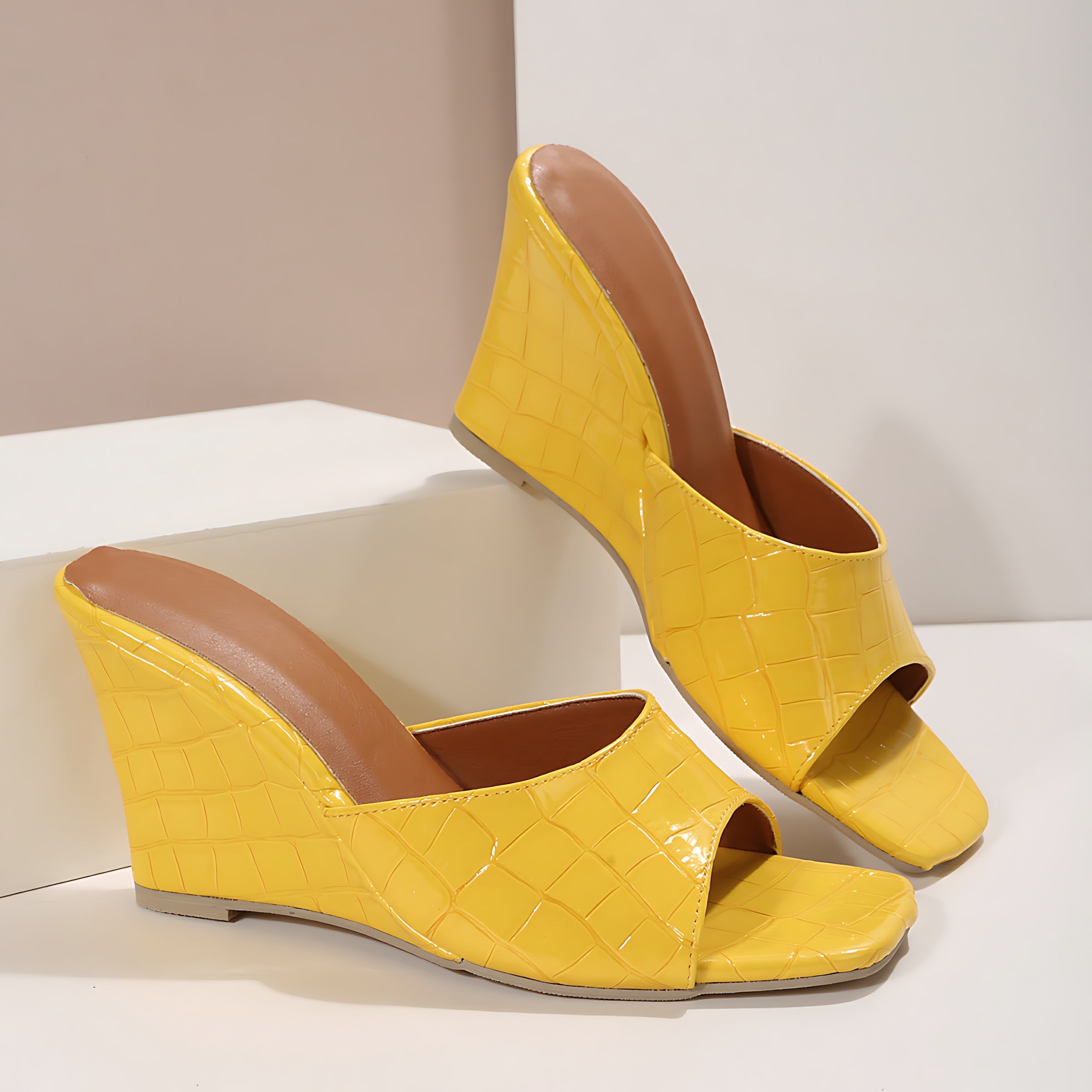 Camila – Croc Embossed Peep Toe Wedge Mules