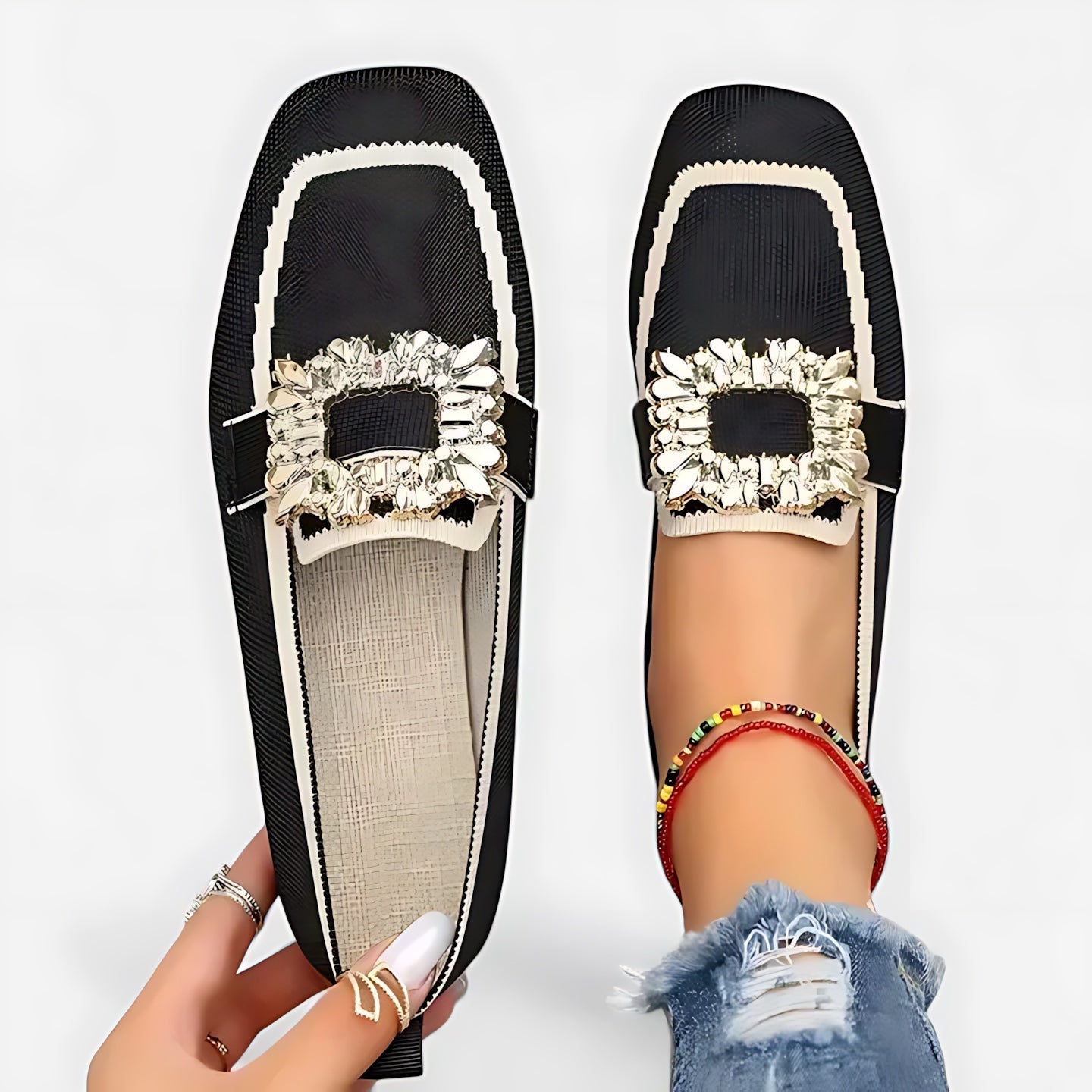 Camila – Crystal Embellished Square Toe Loafers