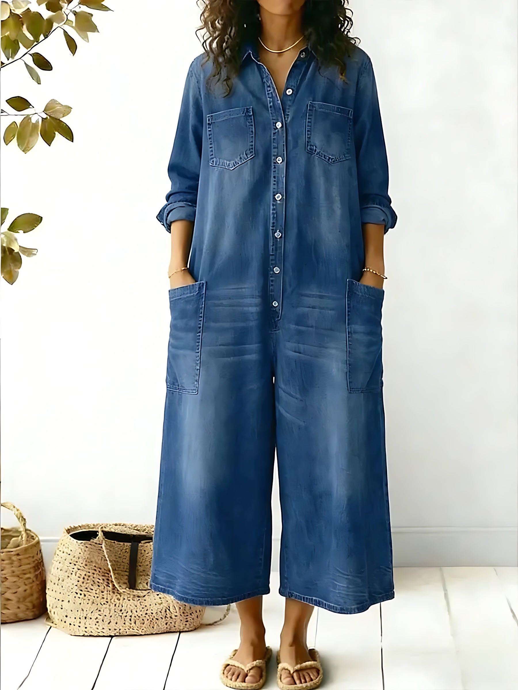 Camila – Denim Long Sleeve Wide Leg Jumpsuit