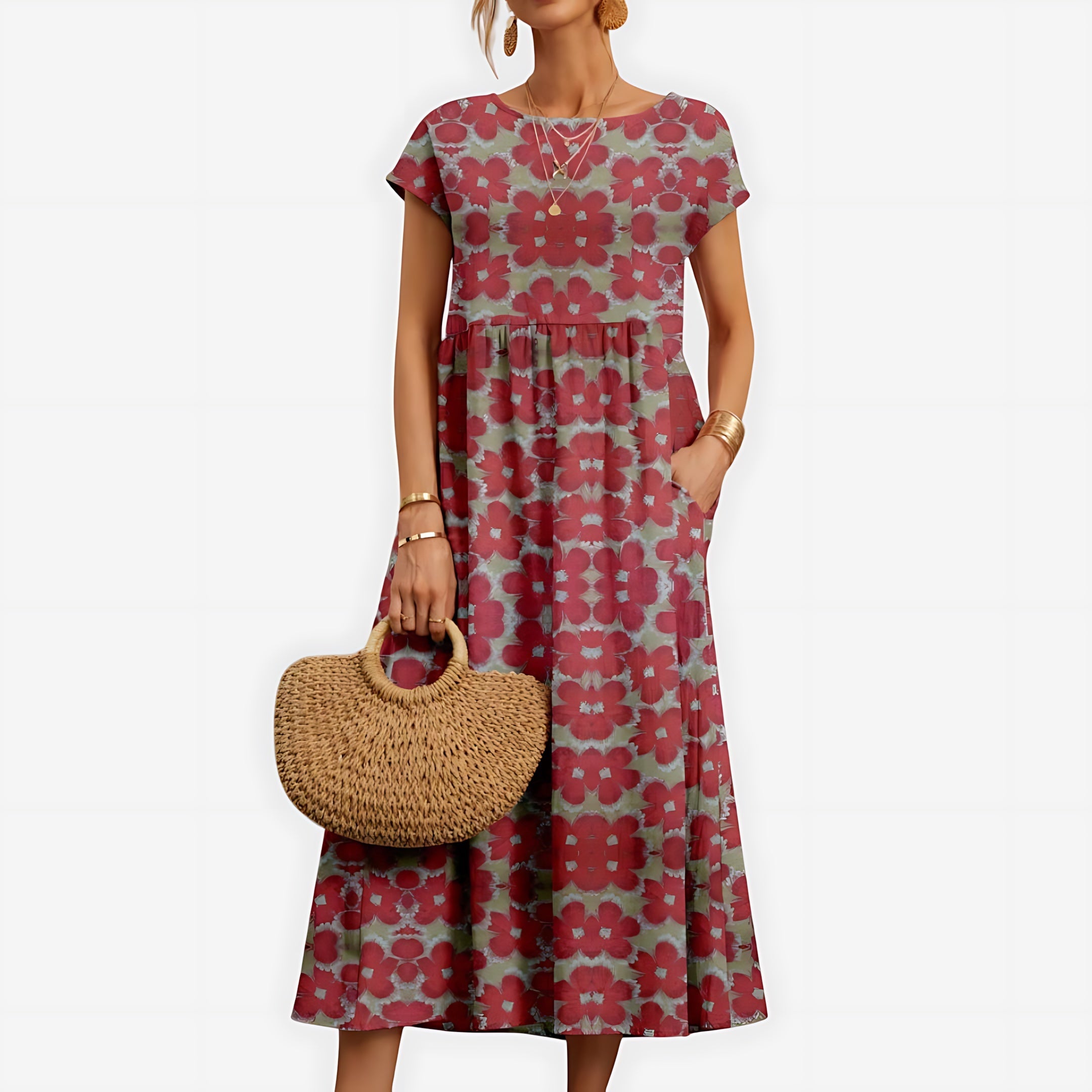 Camila – Floral Print Crew Neck Summer Midi Dress