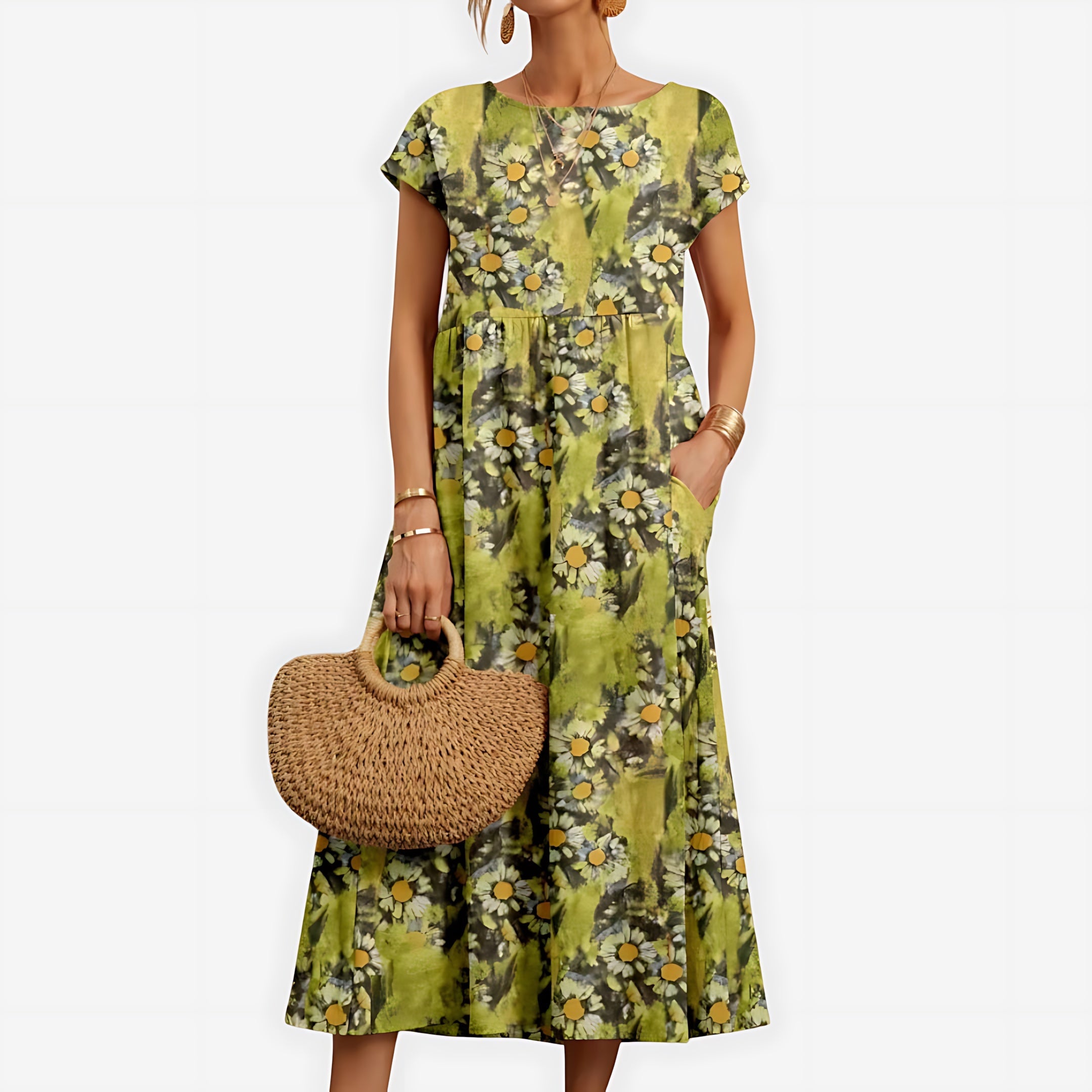 Camila – Floral Print Crew Neck Summer Midi Dress