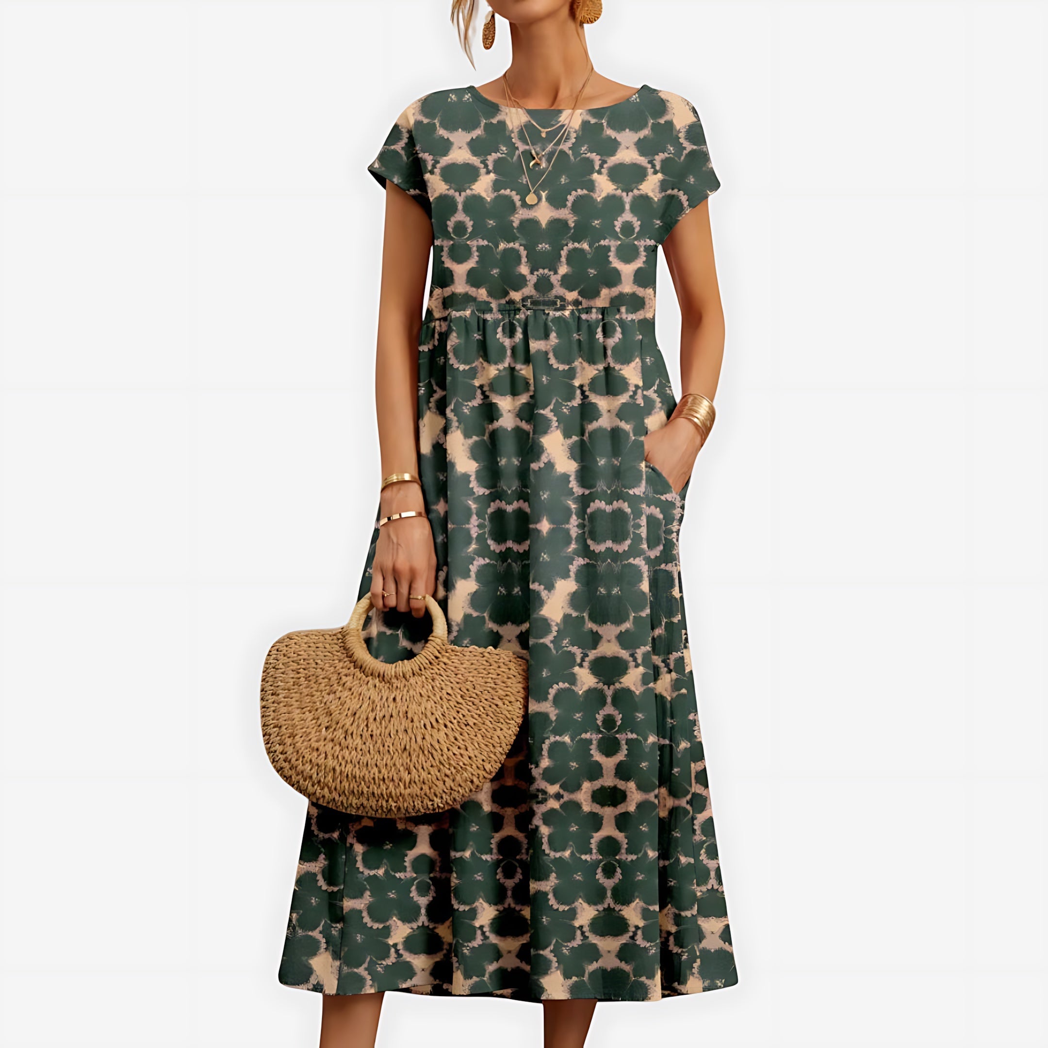 Camila – Floral Print Crew Neck Summer Midi Dress