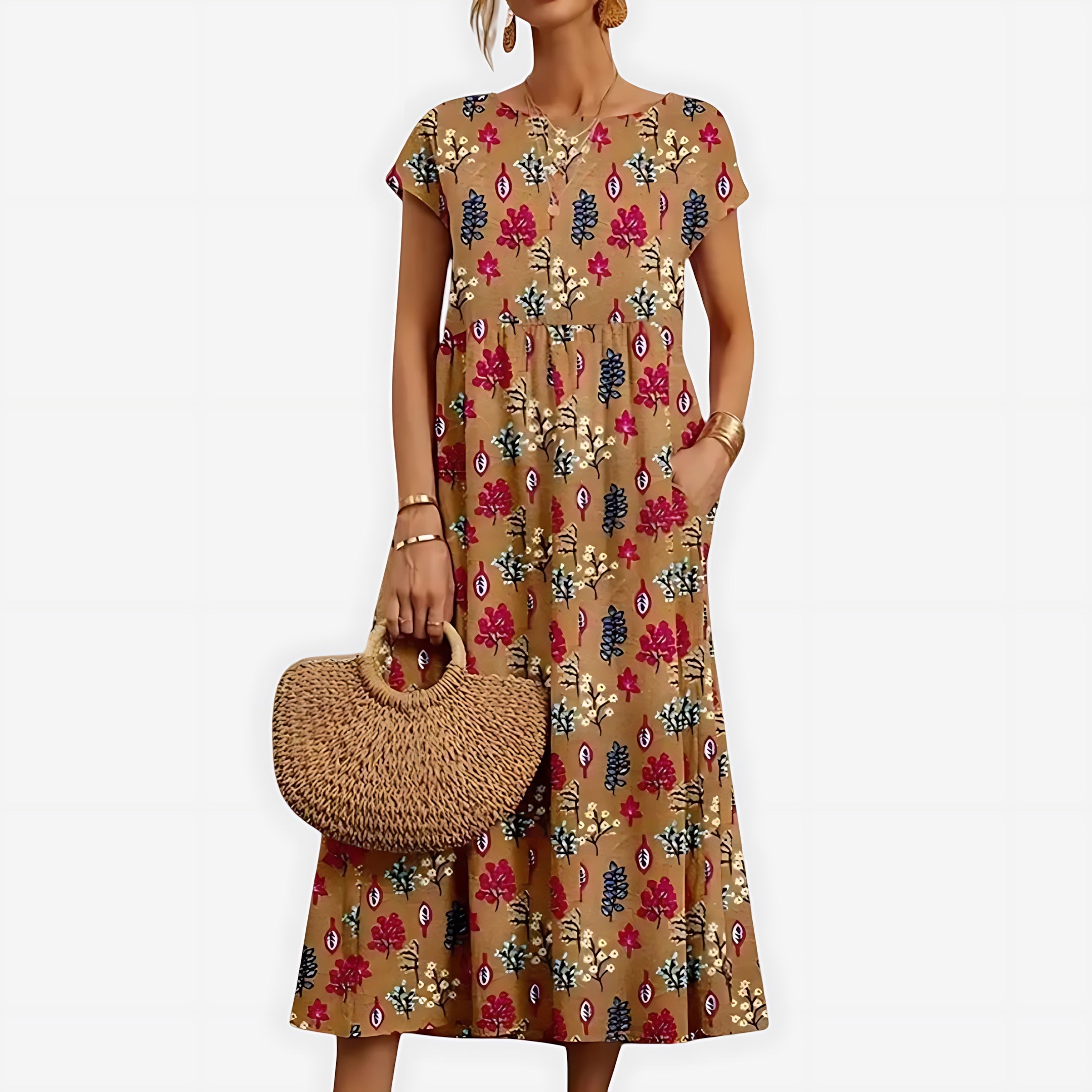 Camila – Floral Print Crew Neck Summer Midi Dress