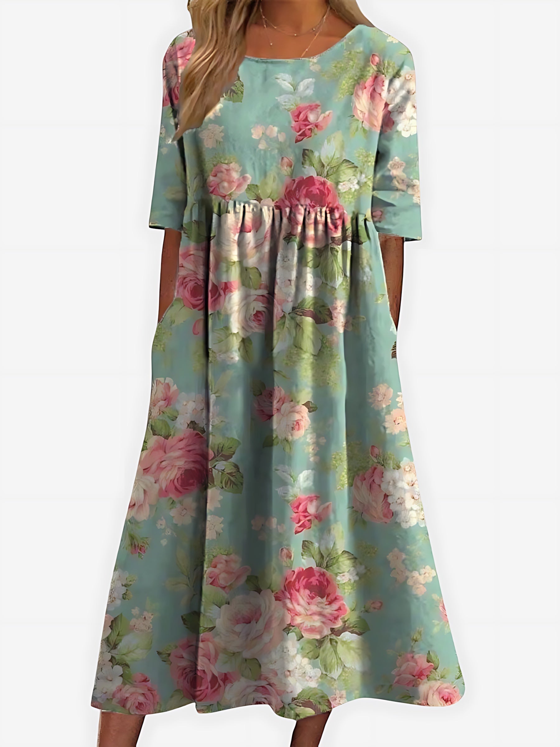 Camille – Floral Print Scoop Neck Flowy Midi Dress