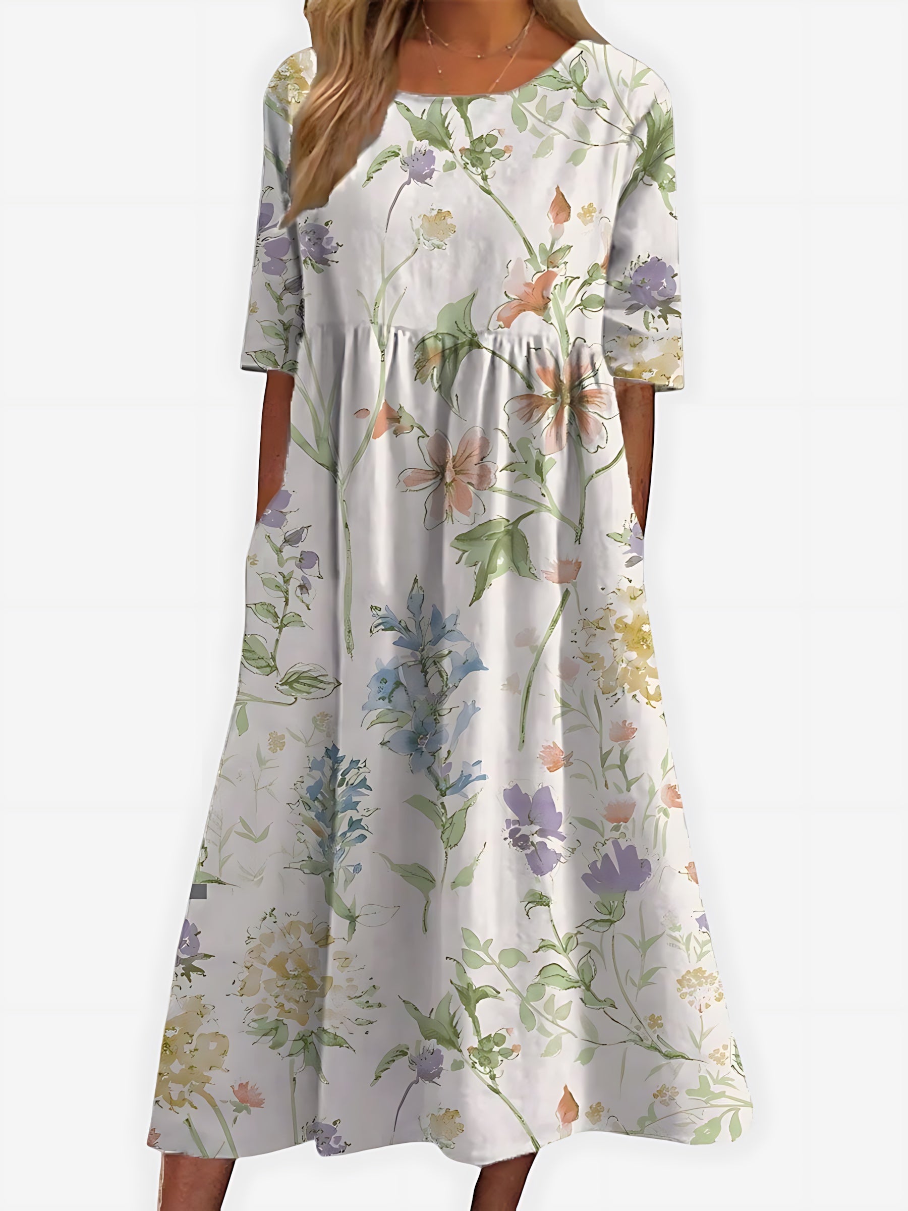 Camille – Floral Print Scoop Neck Flowy Midi Dress