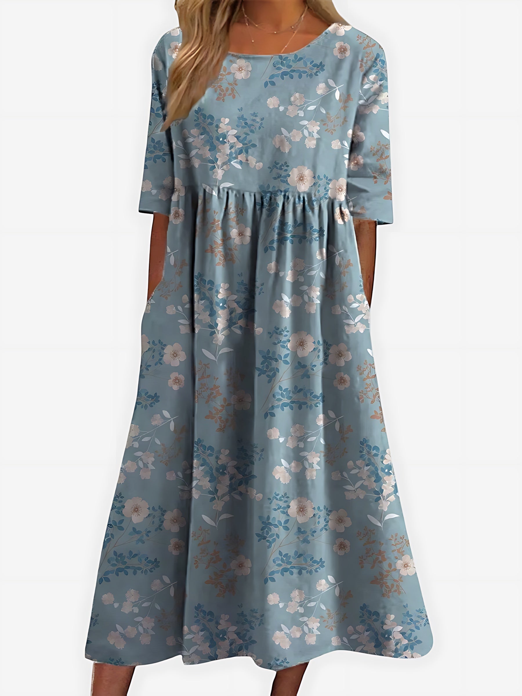 Camille – Floral Print Scoop Neck Flowy Midi Dress
