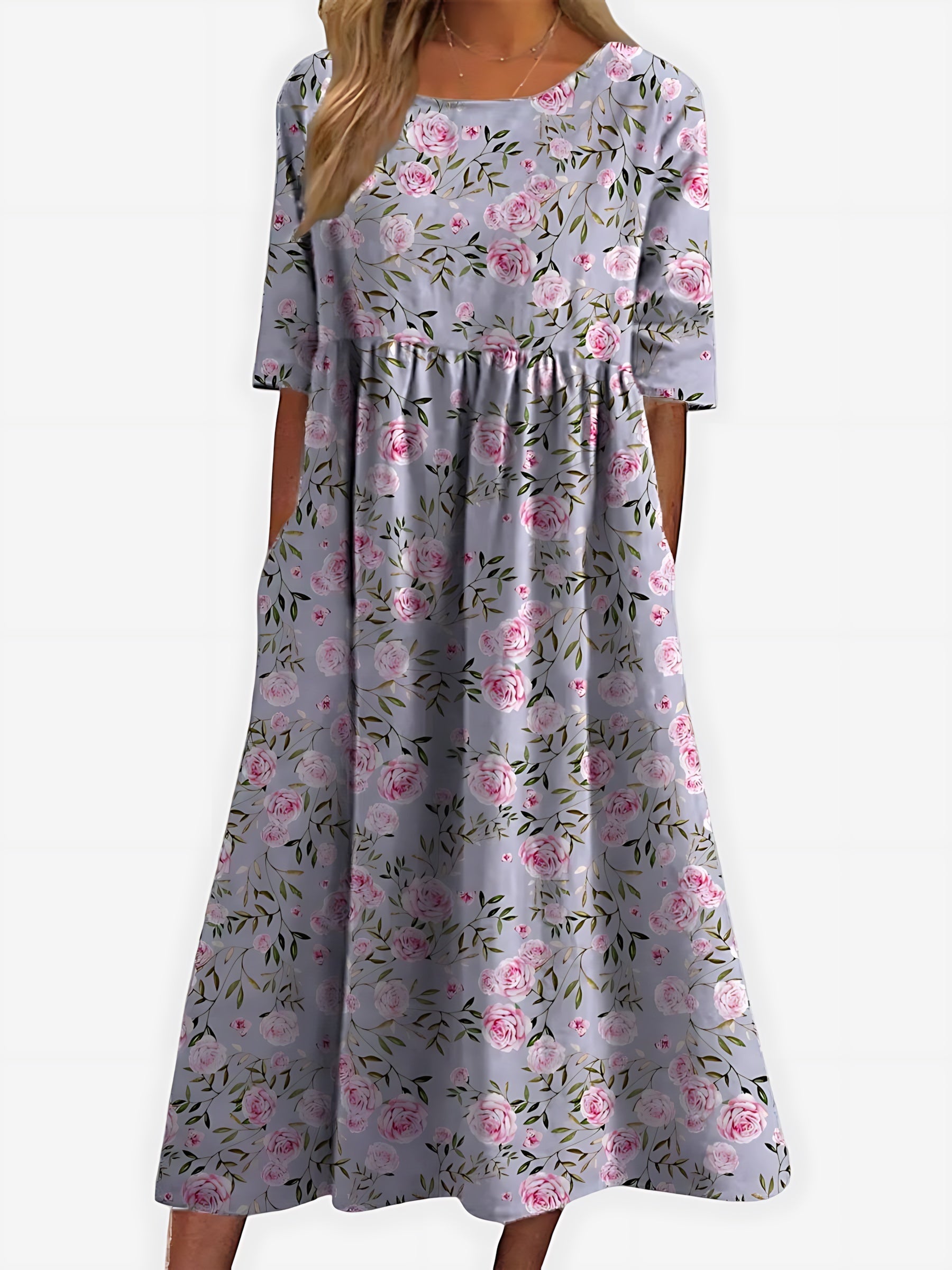 Camille – Floral Print Scoop Neck Flowy Midi Dress