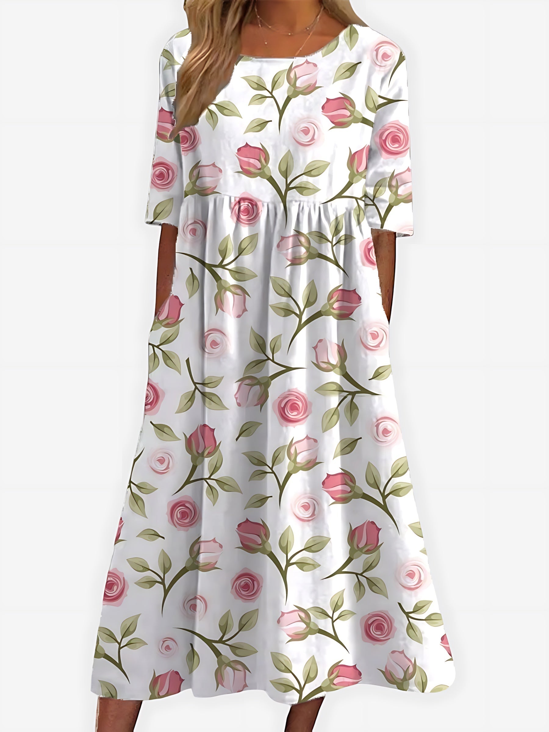 Camille – Floral Print Scoop Neck Flowy Midi Dress