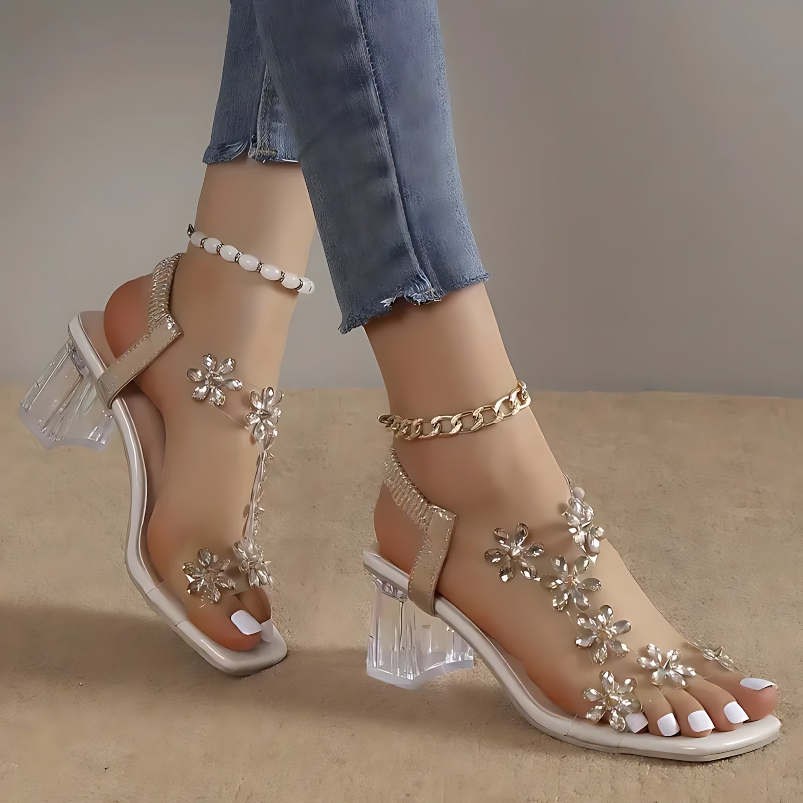 Camille – Rhinestone Ankle Strap Block Heel Sandals