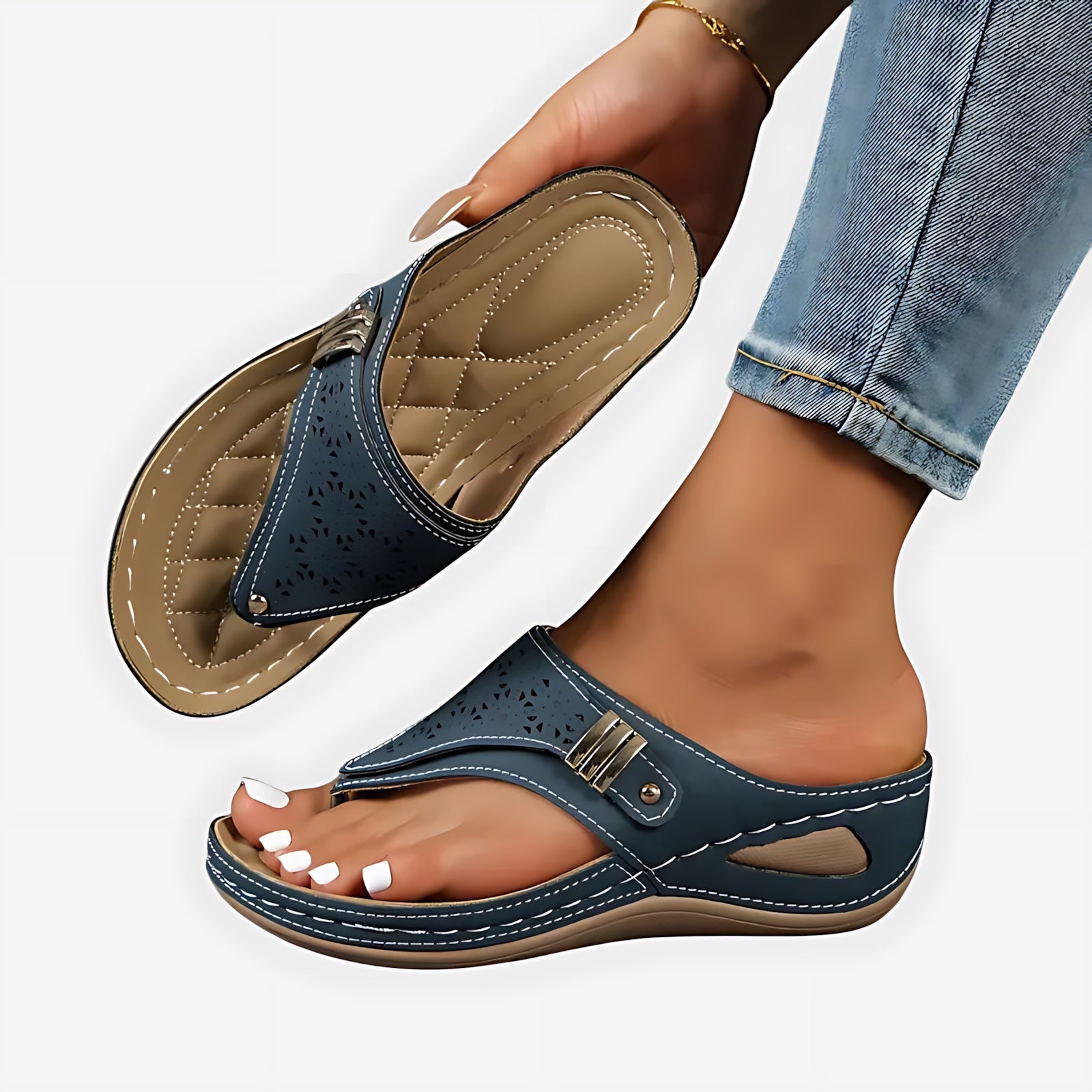 Cara – Laser Cut Toe Loop Wedge Sandals