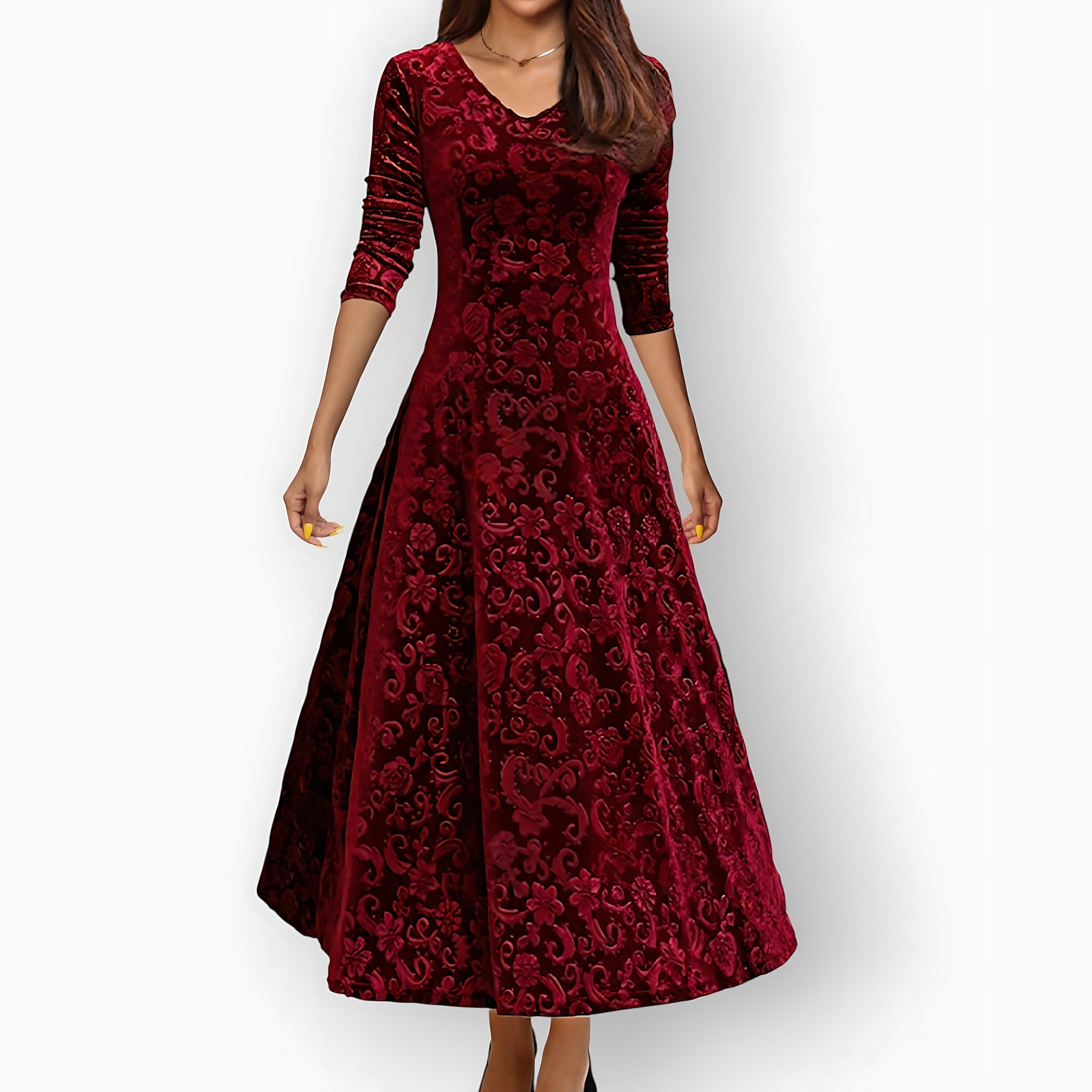 Cara – Velvet V Neck A Line Cocktail Midi Dress