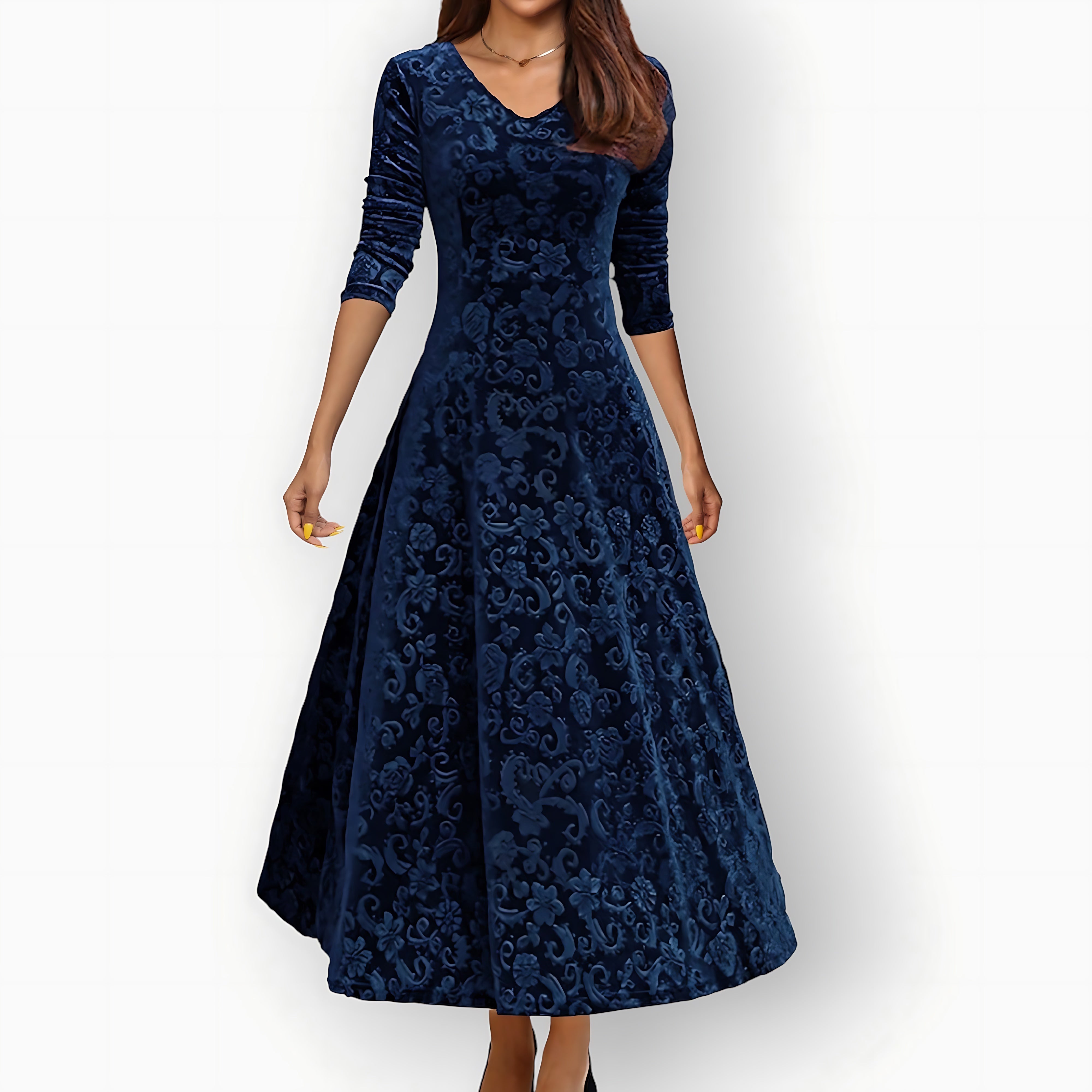 Cara – Velvet V Neck A Line Cocktail Midi Dress