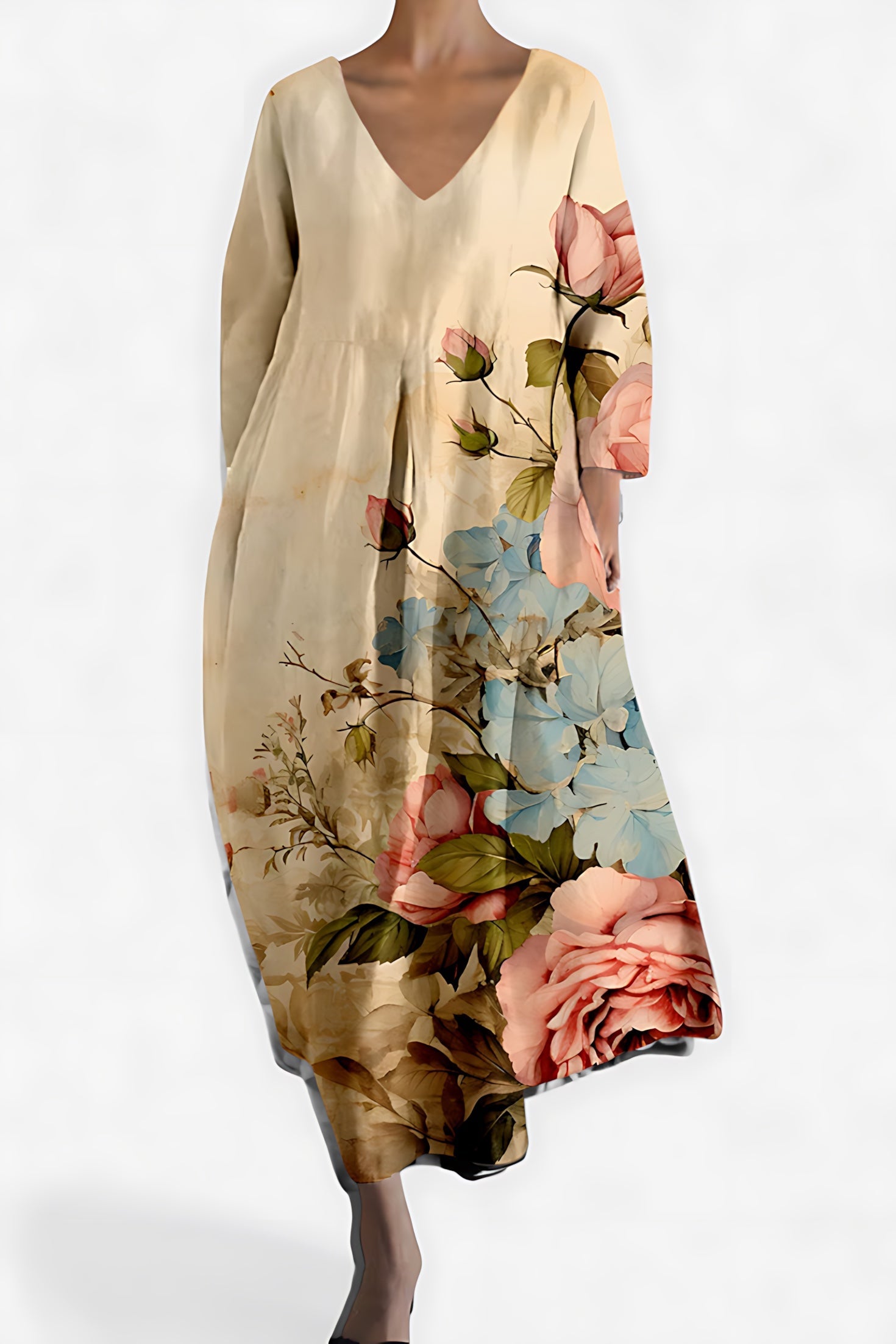 Caroline – Abstract Print V Neck Flowy Midi Dress