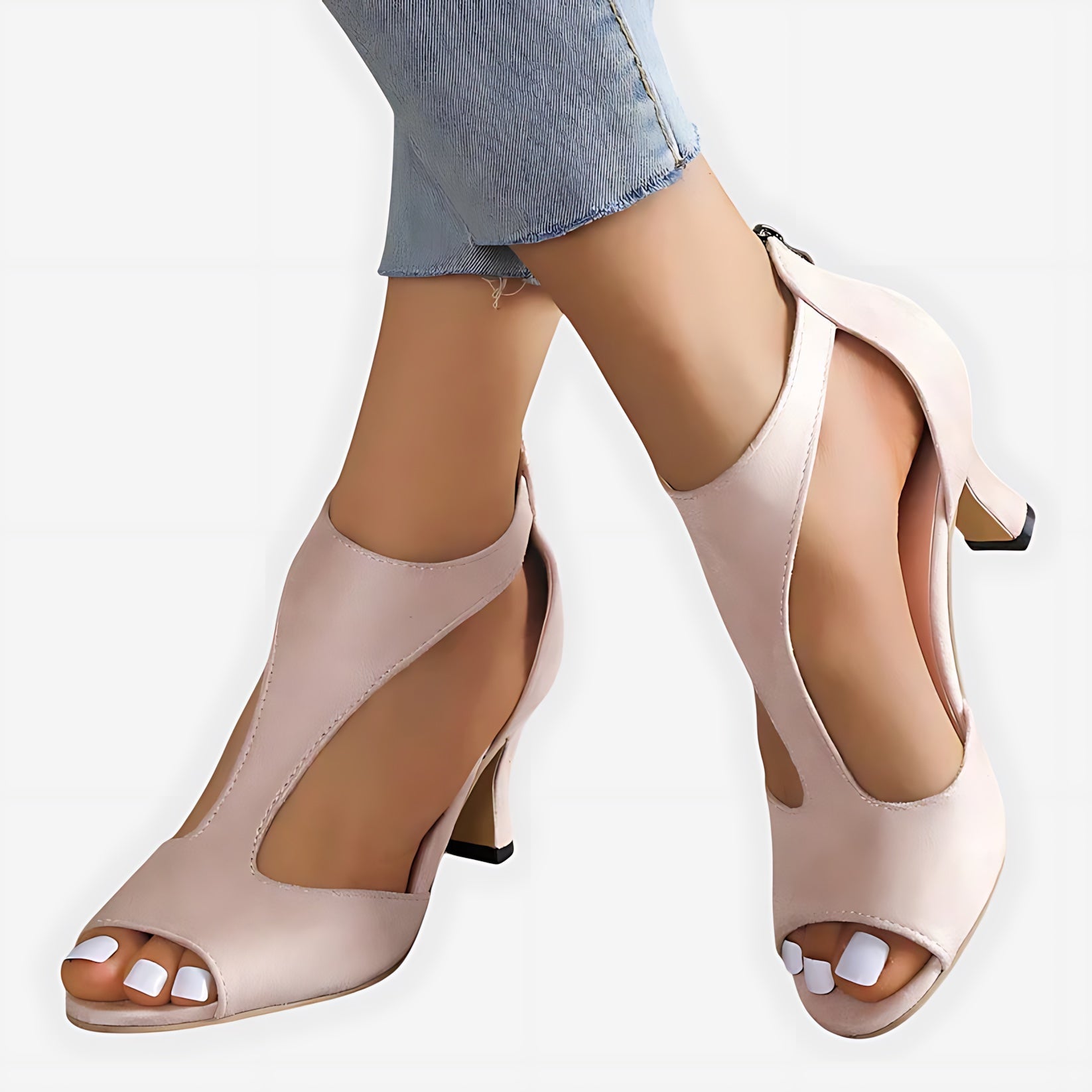 Caroline – Cutout Peep Toe Mid Heel Pumps
