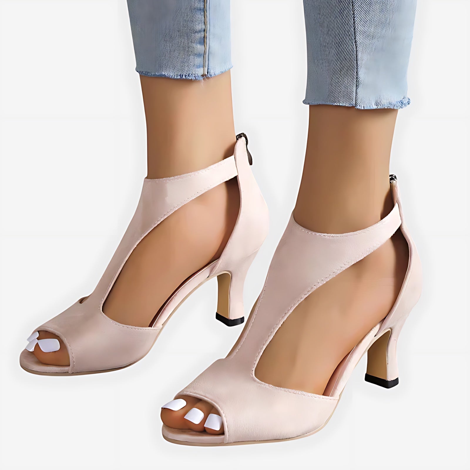 Caroline – Cutout Peep Toe Mid Heel Pumps