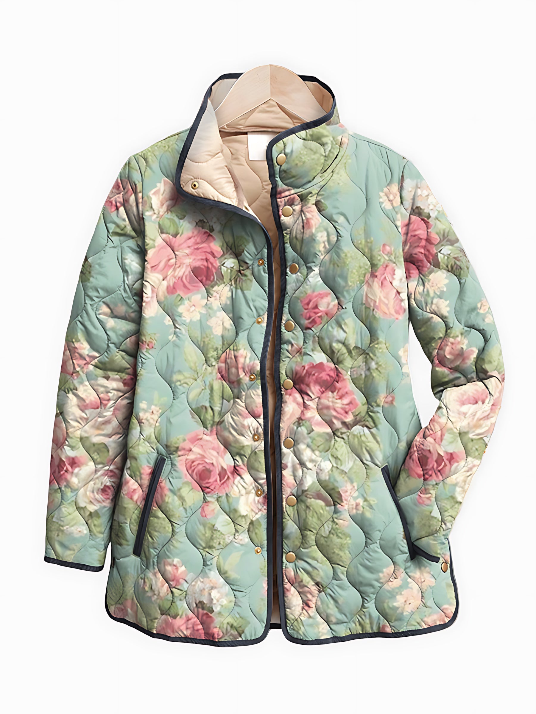 Caroline – Floral Print Quilted Stand Collar Jacket