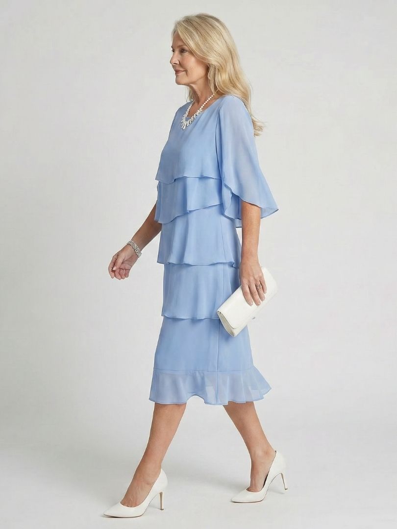 Celeste – Tiered Flutter Sleeve Evening Midi Dress