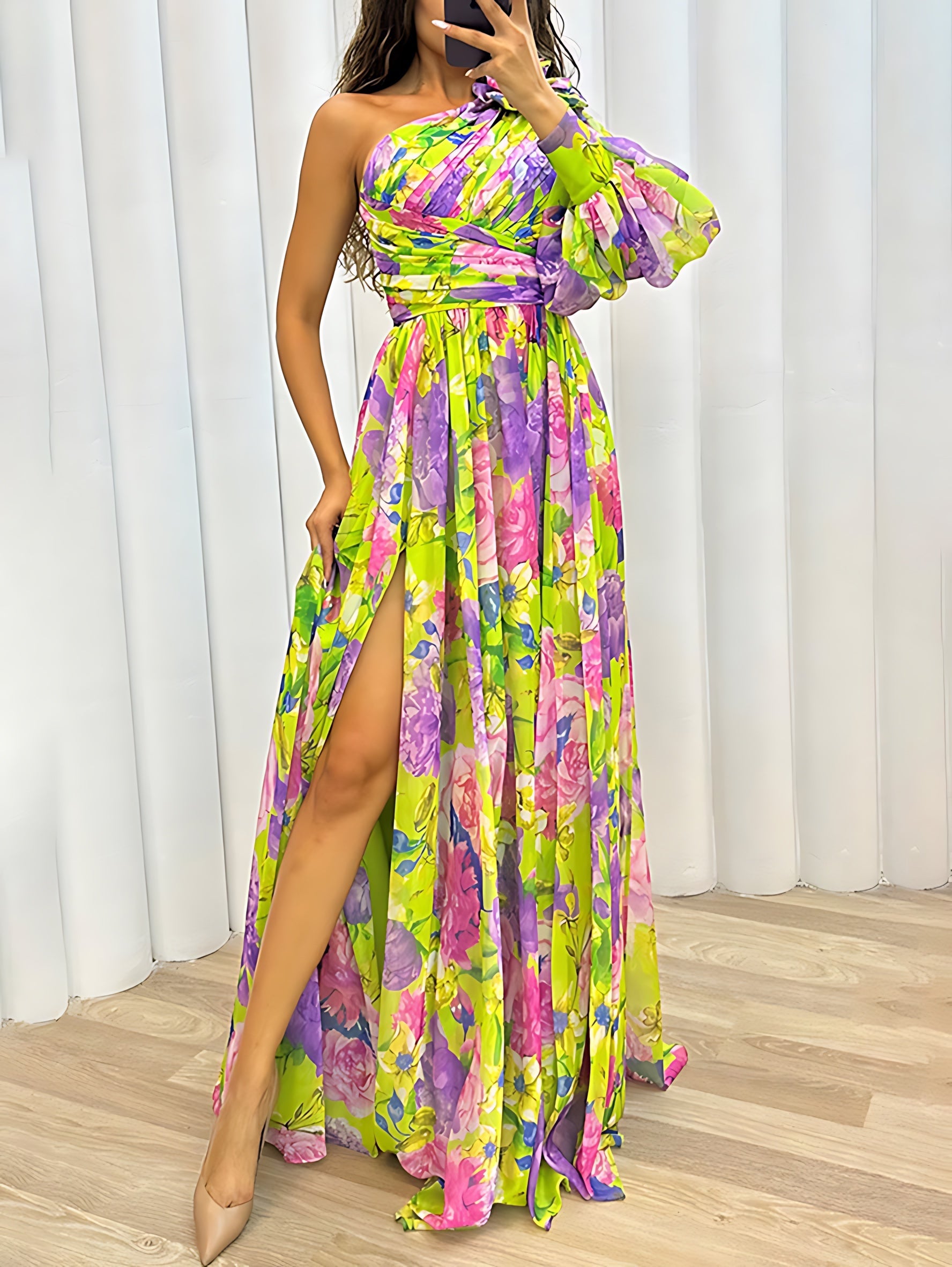 Catalina – Floral One Shoulder High Slit Maxi Dress