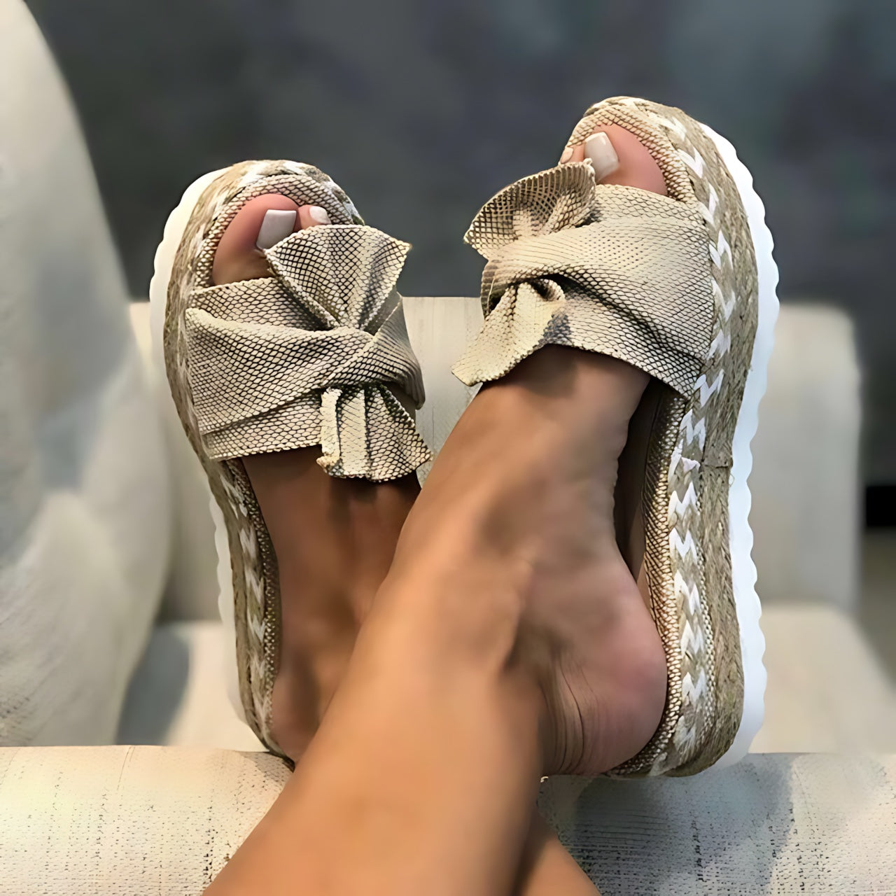 Catherine – Bow Peep Toe Wedge Slide Sandals