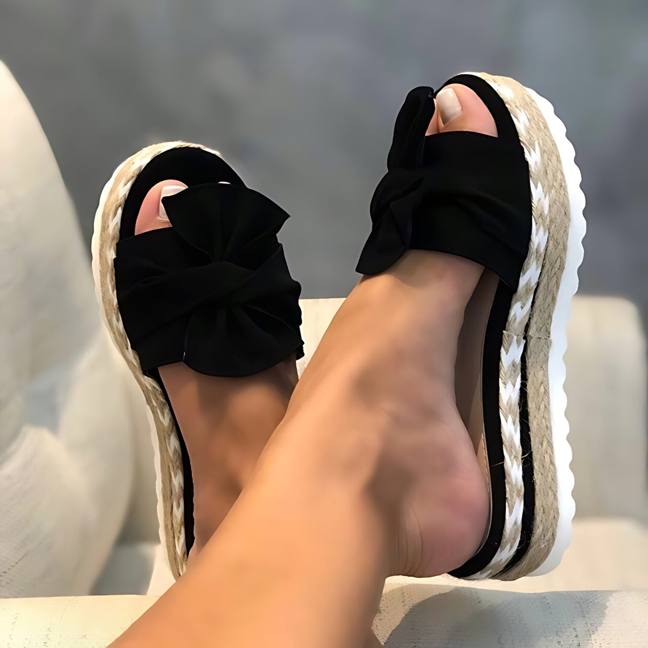 Catherine – Bow Peep Toe Wedge Slide Sandals
