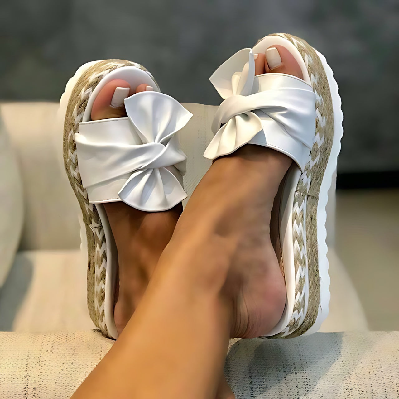 Catherine – Bow Peep Toe Wedge Slide Sandals
