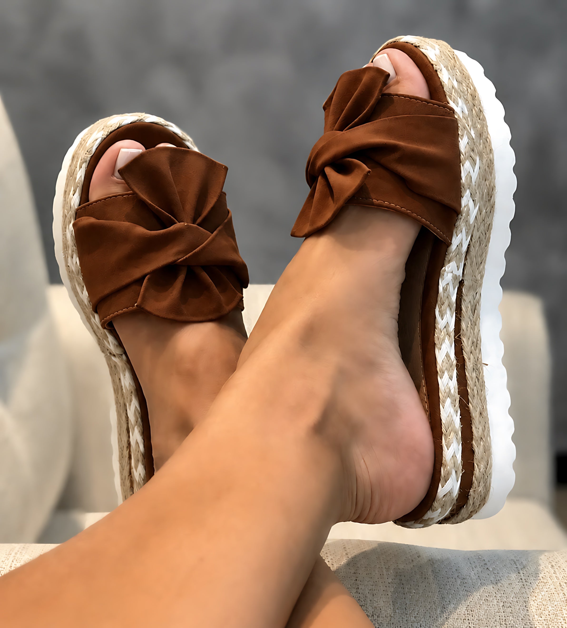 Catherine – Bow Peep Toe Wedge Slide Sandals